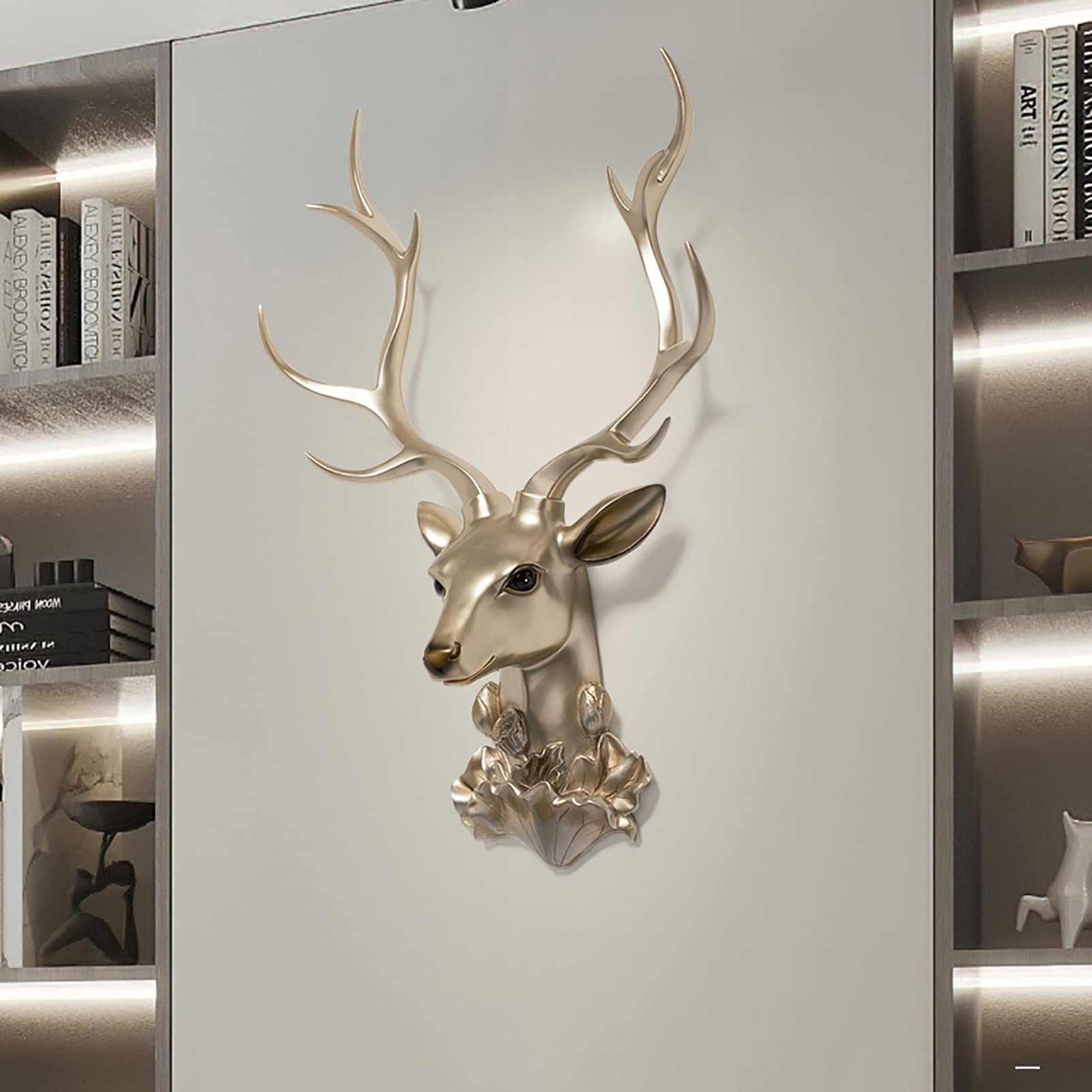 Faux Resin Deer Head Wall Decor - Gold Antler Wall Sculpture for Home, Bar & Office (44x61cm) | Elegant Animal Head Statue for Rustic, Hunting Lodge or Modern Interior Design