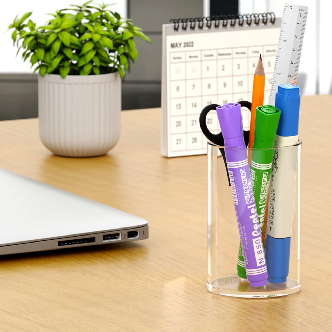 NIUBEE 4-Pack Clear Acrylic Pen Holder for Desk - Round Pencil Cup & Makeup Brush Organizer - Office Desk Accessory for Stationery, Cosmetics & Home Organization (Perfect for Office, Vanity & Study Desk)
