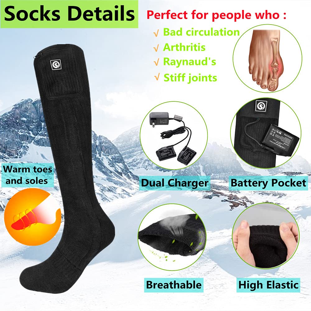 Rechargeable Electric Heated Socks for Men & Women - Winter Foot Warmers for Outdoor Activities, Skiing, Skating, Cycling, Camping, Fishing & Hunting | USB Powered Thermal Socks for Cold Weather Work & Winter Sports