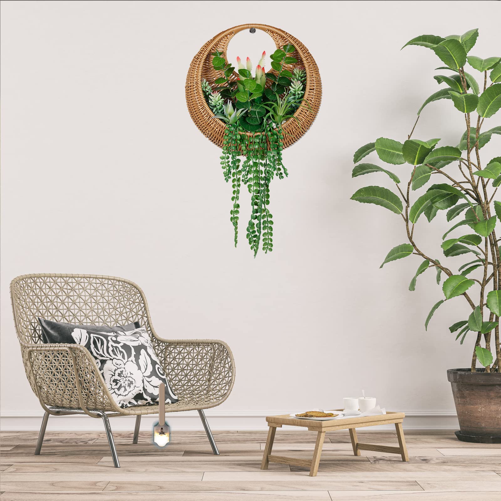 Artificial Succulent Hanging Plant in Woven Basket - Boho Wall Decor & Door Wreath - Fake Hanging Plants for Living Room, Bedroom, Bathroom, Home & Office - Perfect for Bohemian Home Decor, Wedding Backdrops, and Cozy Indoor Spaces