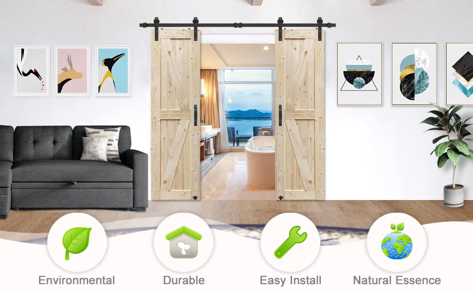 28x84 Inch Unfinished Knotty British Barn Door with 5FT Sliding Hardware Kit - Solid Wood Double Surface Sliding Door for Bedroom, Closet & Living Room - Easy J-Shape Track Assembly