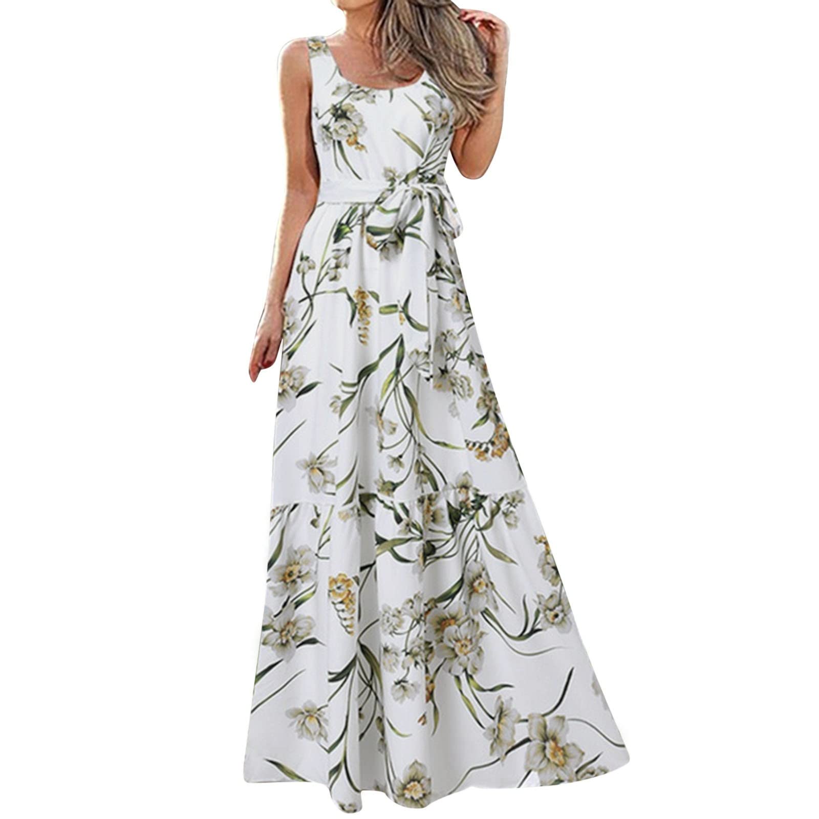 AMTF Women's Floral Print Sleeveless Maxi Dress - Elegant Loose Fit Party & Summer Midi Dress - Perfect for Beach Vacations, Garden Weddings & Evening Events