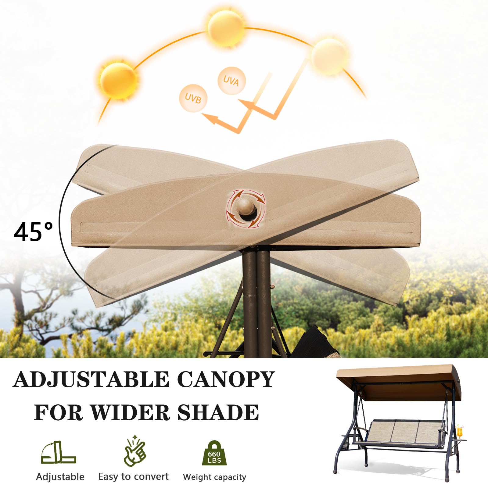 NOBLEMOOD 3-Seater Outdoor Patio Swing with Adjustable Canopy & Stand - Waterproof Textilene Hanging Chair with Cup Holders for Backyard, Garden, Porch - Perfect for Relaxing, Lounging & Outdoor Entertaining