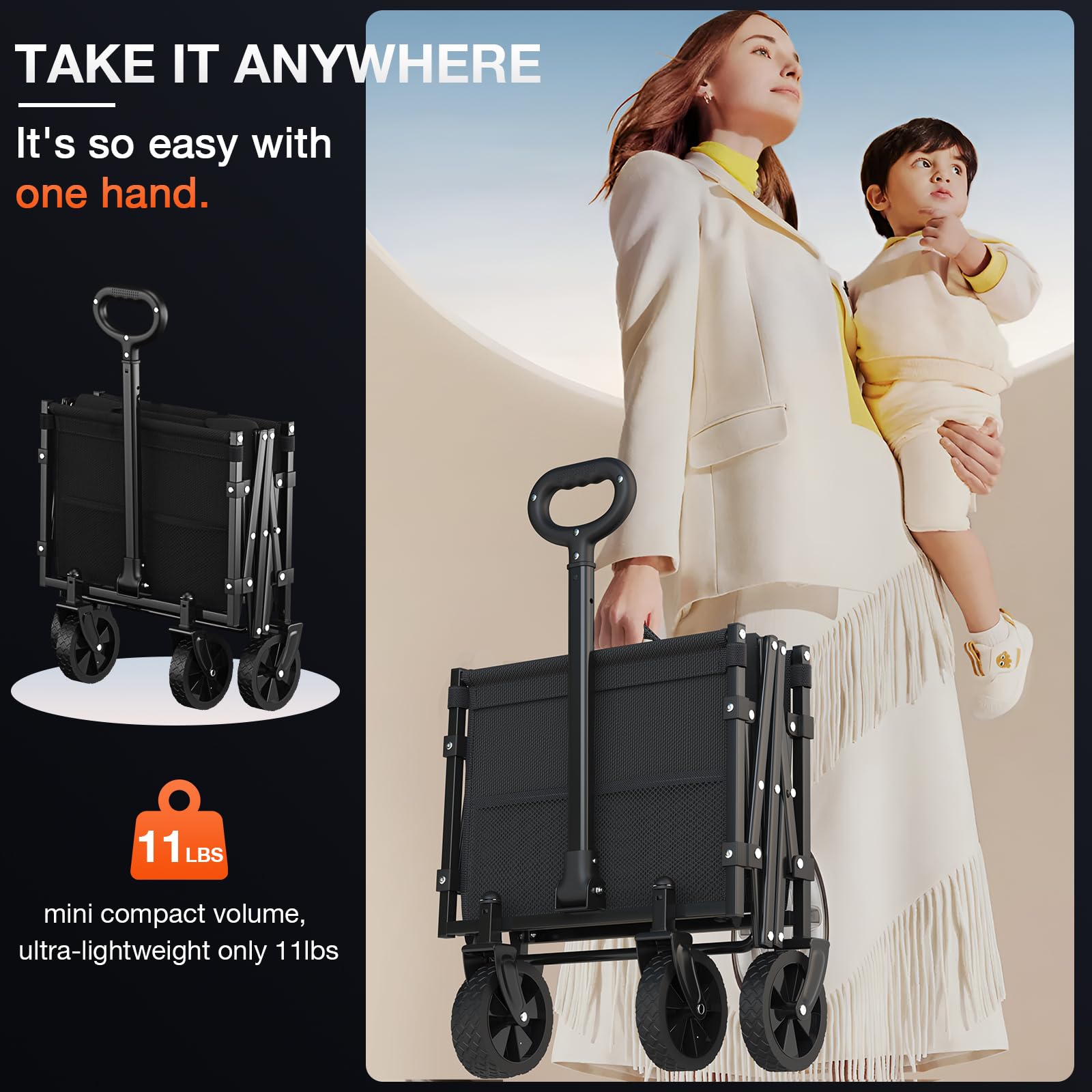 Foldable Wagon with Extended Tailgate - Heavy Duty Collapsible Utility Cart with Large Capacity for Shopping, Camping, Beach, Picnic & Outdoor Activities - Perfect for Groceries, Sports Gear & Apartment Moving - Black