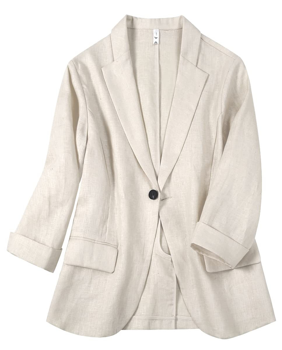 Women's Cotton Linen Blazer - 3/4 Sleeve Open Front Casual Jacket for Office, Summer Outfits & Travel Wear