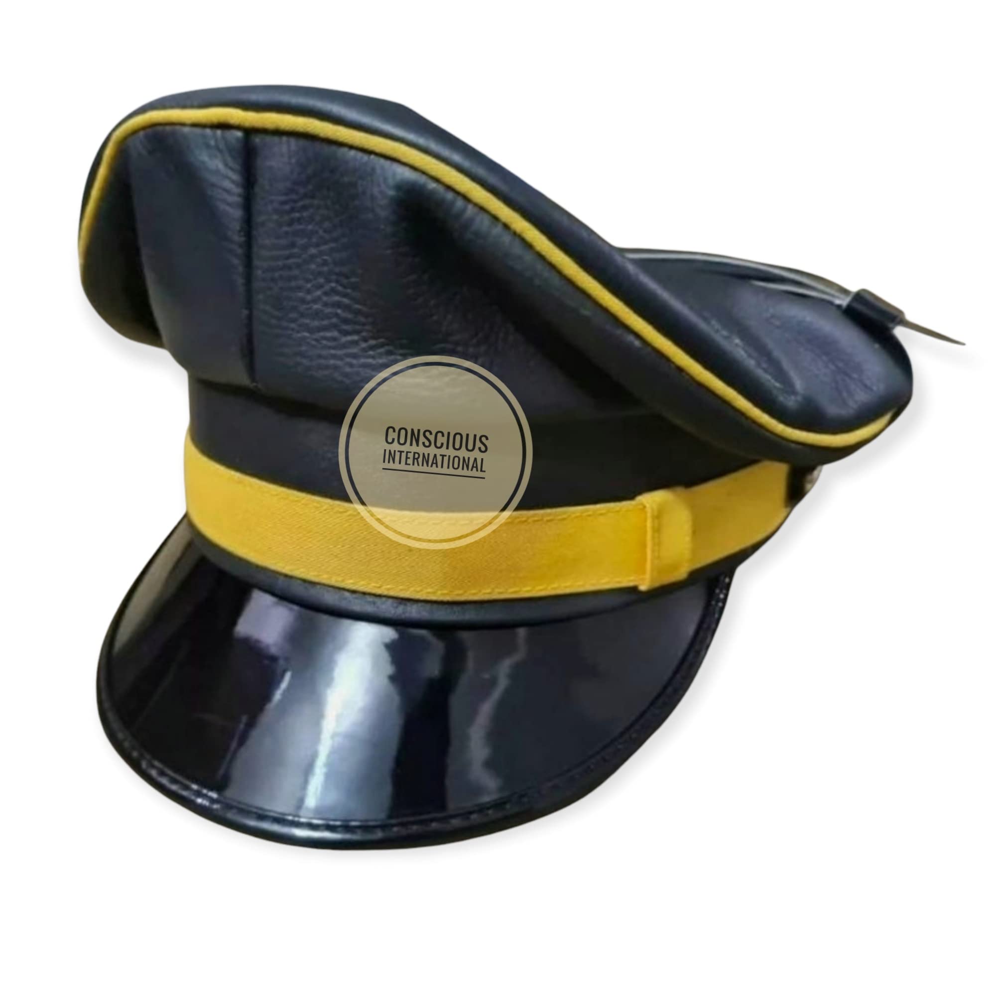 Men's Biker Leather Hat with Yellow Piping - Vintage Army Garrison Style Playboy Cap for Motorcycle Riders & Outdoor Adventures
