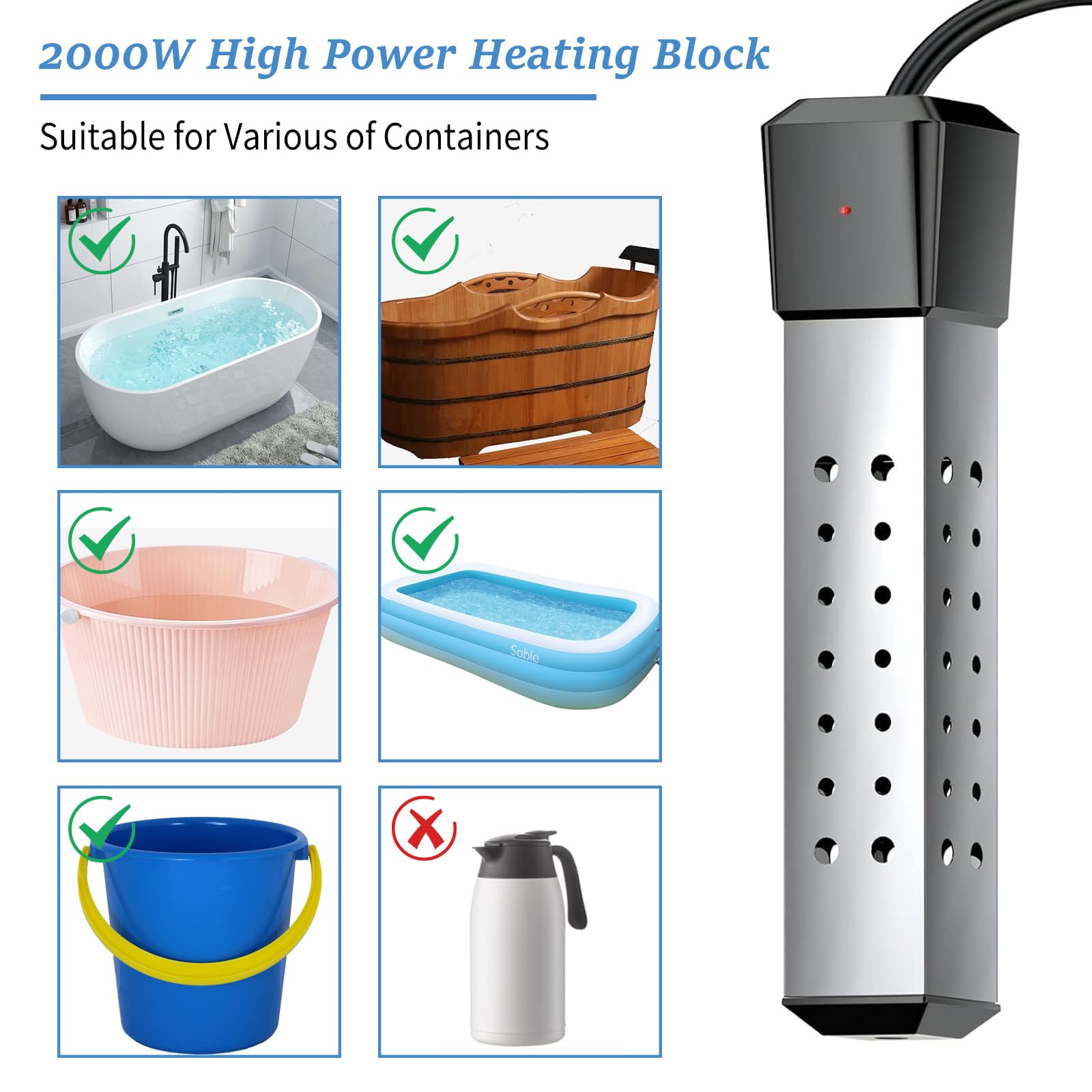 2000W Electric Immersion Water Heater - Constant Temperature Submersible Heater for Home, Pool & Bathtub | Portable Instant Water Heater with Stainless Steel Guard Cover | Perfect for Travel, Camping & Emergency Hot Water Needs