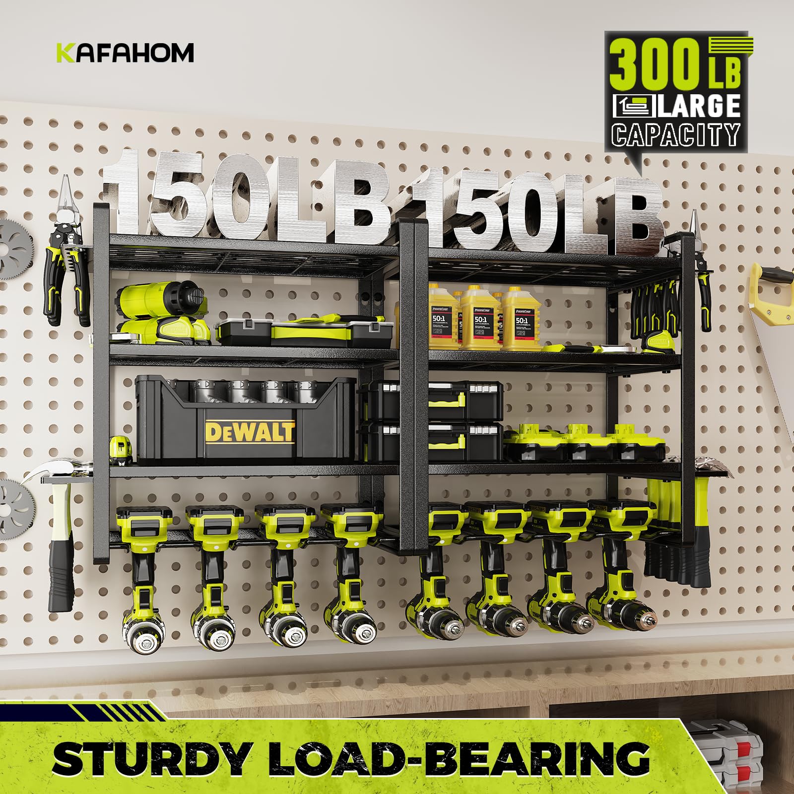 KAFAHOM 8 Drill Holder Wall Mount Tool Organizer - 4 Layer Garage Storage Rack for Power Tools, Screwdrivers, Pliers & Hammers | Perfect for Workshop, Garage & DIY Projects