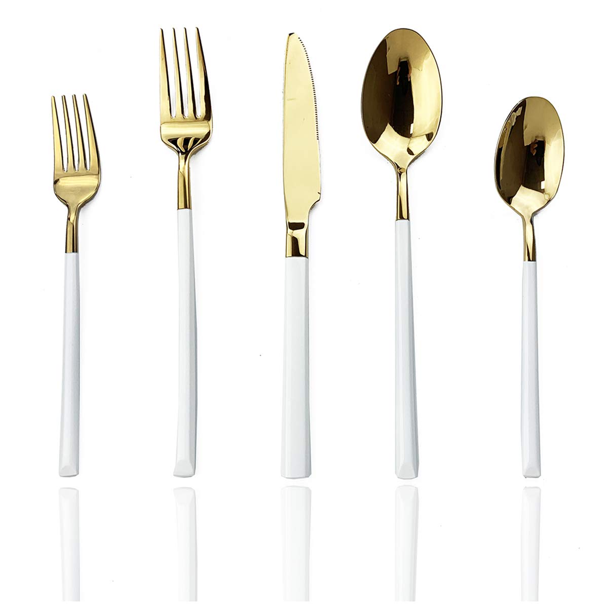 JASHII 5-Piece Modern Silverware Set - 18/10 Stainless Steel Elegant Flatware with Square Edge - Mirror Polished & Dishwasher Safe (White Gold) - Perfect for Fine Dining, Wedding Gifts & Upscale Kitchen Utensils