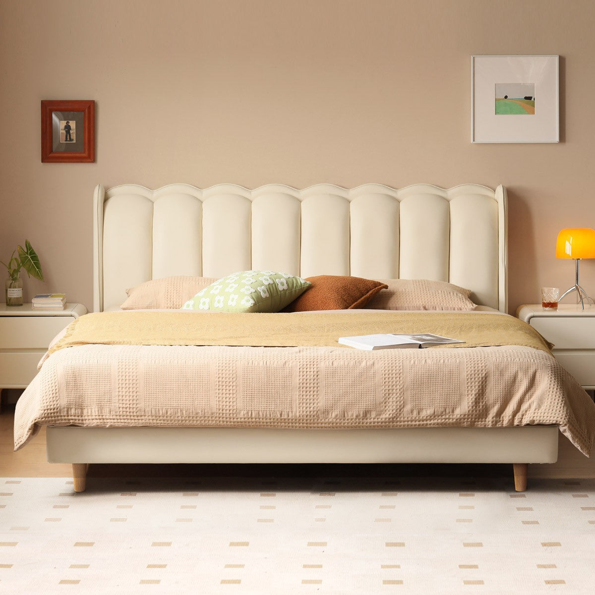 Organic Leather Art Bed Cream Style Modern - Elegant & Sustainable Bedroom Furniture for Home Decor | Perfect for Master Bedrooms, Guest Rooms & Luxury Apartments