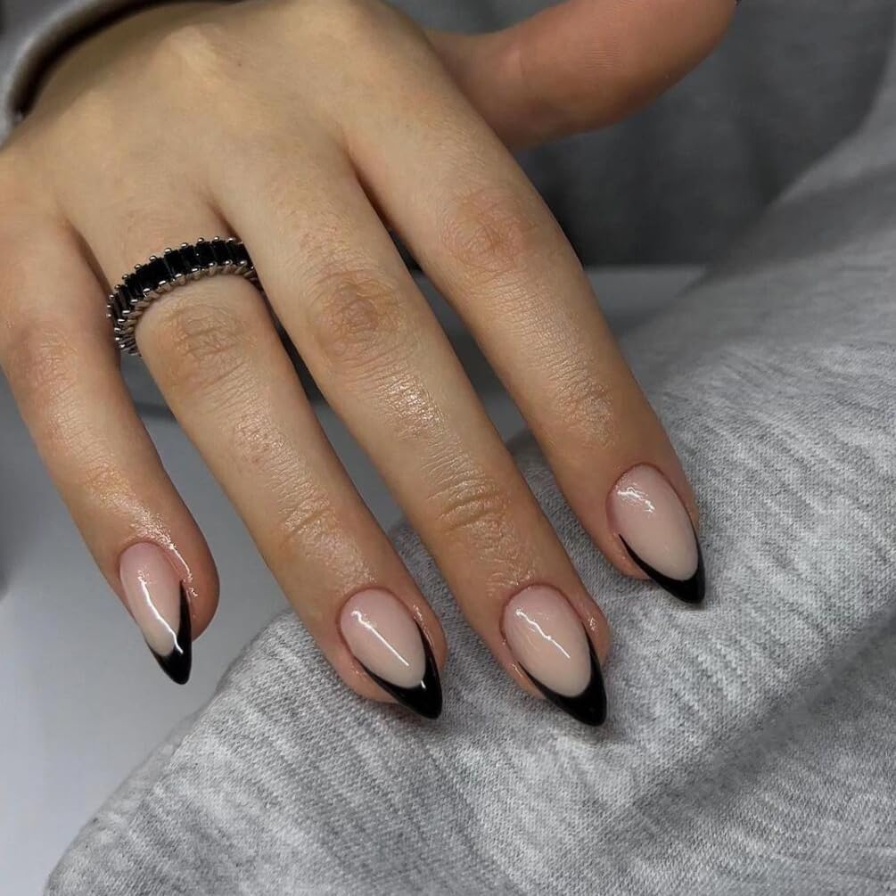 KQueenest Black French Tip Press on Nails - 24PCS Almond Short Medium Fake Nails with Gel Design, Natural Nude Stiletto Glue on Nails for Women | Easy Application, No Glue Needed | Perfect for Parties, Weddings & Everyday Wear