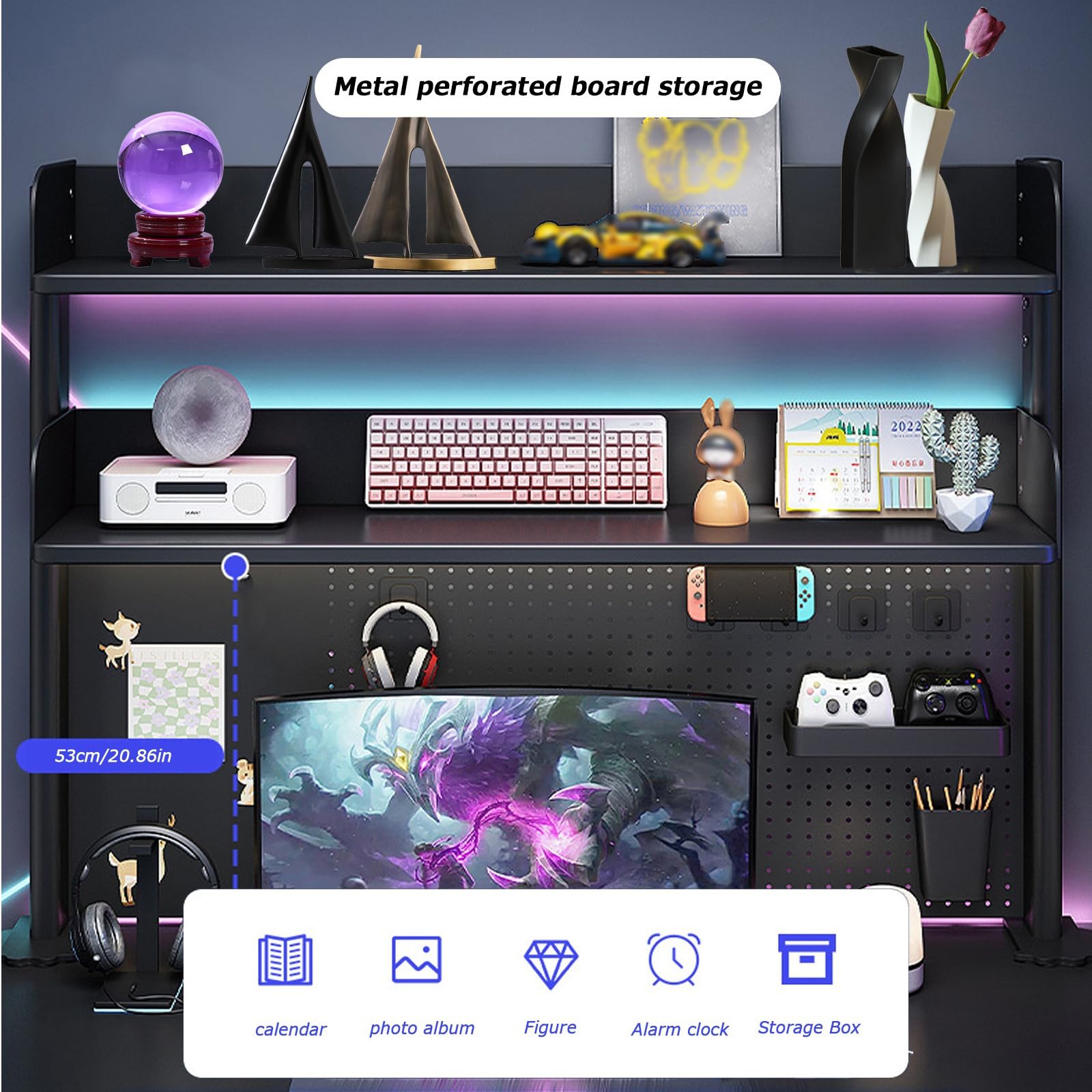 Black Clamp-On Desk Organizer Shelf - 23.6 Inch Adjustable Desk Extender with Pegboard for Office & Gaming Setup - Computer Desk Accessories for Workspace Organization - Perfect for Home Office, Study Room & Gaming Station (60cm/23.6in)