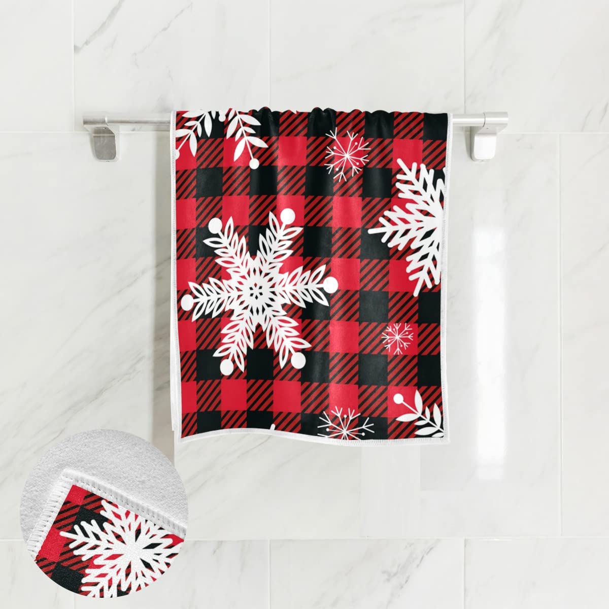 ALAZA Snowflakes Red Black Buffalo Plaid Hand Towels - 15x30 Inch Absorbent Cotton Face & Spa Towels for Yoga, Gym, Bathroom, Kitchen, Hotel & Home Decor - Multipurpose Towel Set for Christmas, Winter & Holiday Decorations