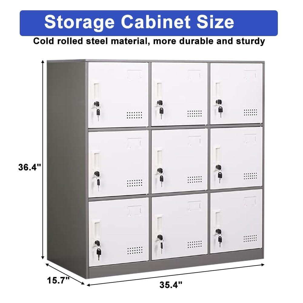 9-Door Metal Locker Storage Cabinet - Heavy Duty Steel Employee Lockers with Key Lock & Ventilation - Secure Office, School & Gym Storage Organizer for Clothes, Equipment & Personal Items