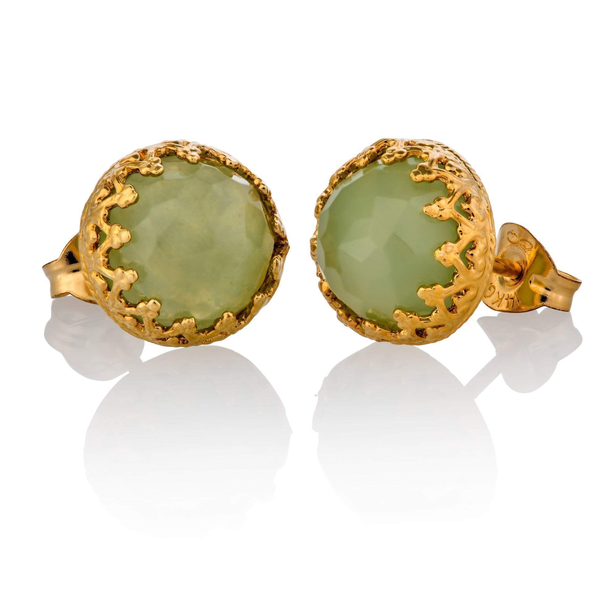 14K Gold Filled Jade Stud Earrings for Women - 8mm Light Green Gemstone Crown Jewelry Set | Elegant Gift for Birthday, Anniversary & Special Occasions
