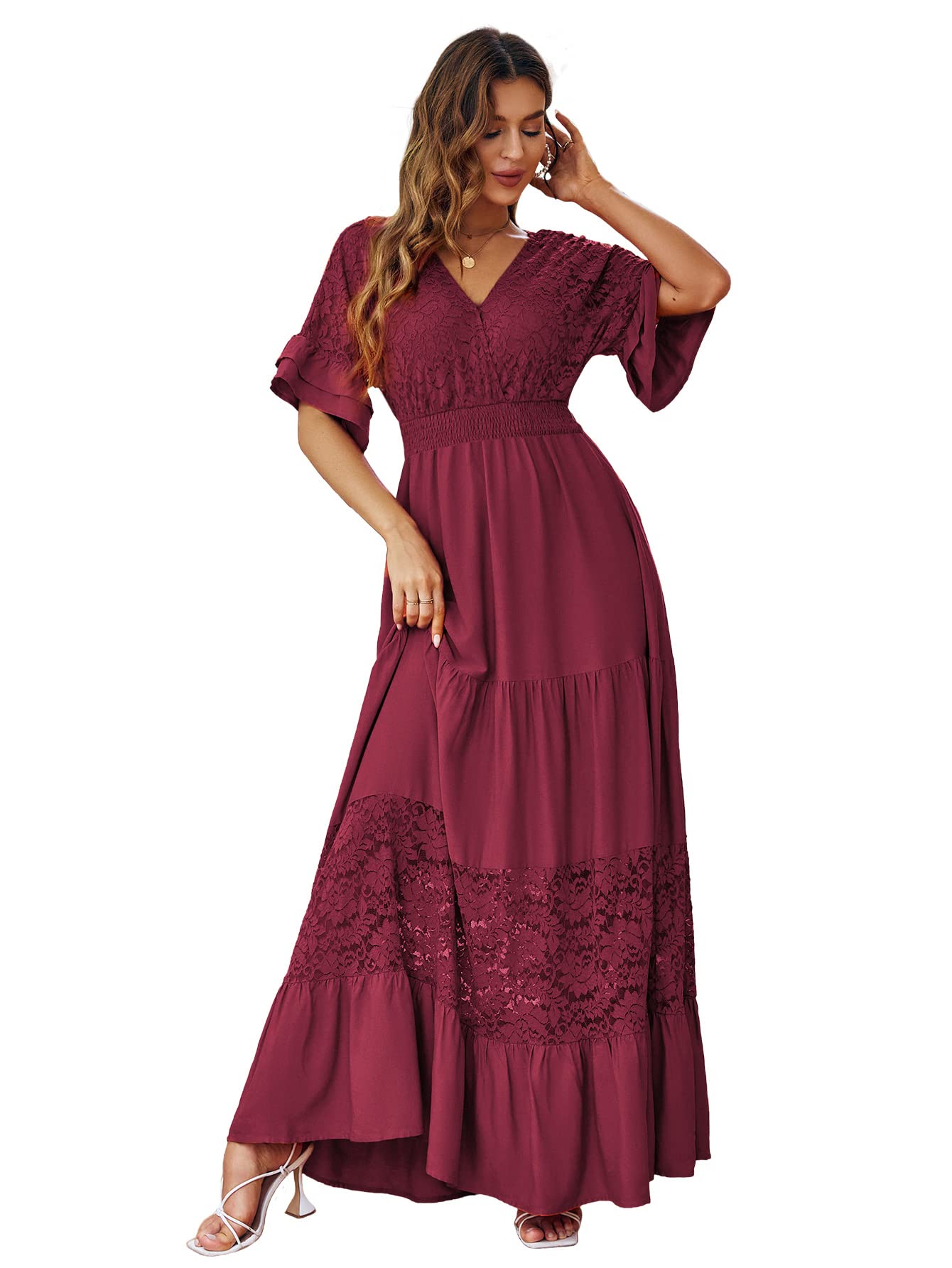 Elegant Women's V-Neck Lace Maxi Dress with Ruffles & Flowy Short Sleeves - Boho Wedding Guest Party Dress for Summer & Formal Occasions | Perfect for Beach Weddings, Garden Parties & Evening Events