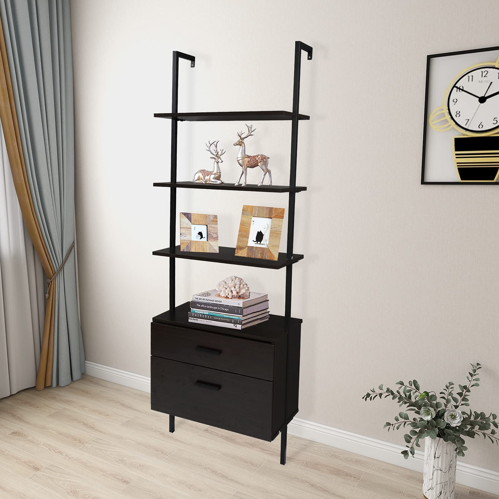 Wall Mounted 3-Tier Wooden Ladder Bookshelf with 2 Drawers - Black Walnut Floating Shelf for Books, Plants & Home Decor | Space-Saving Storage Solution for Living Room, Bedroom & Home Office