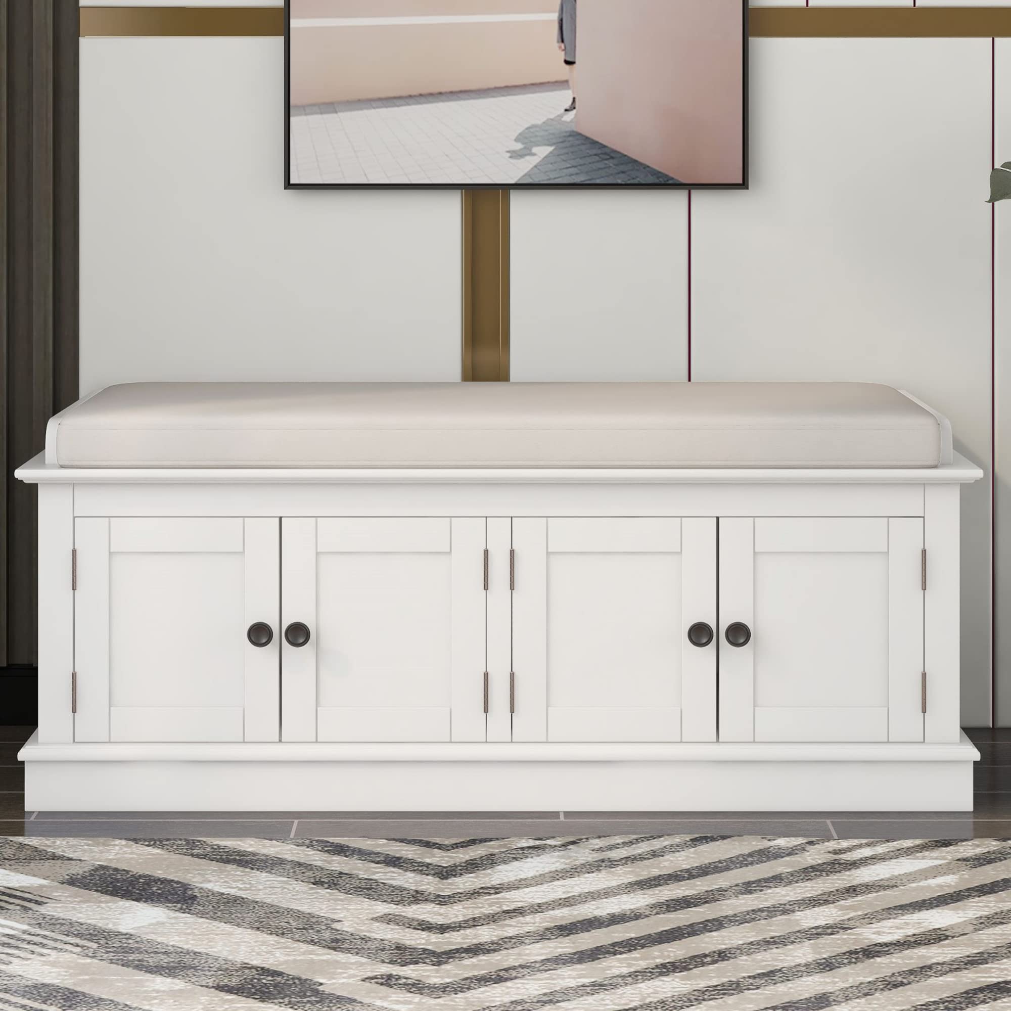 P PURLOVE Farmhouse Style Storage Bench with Adjustable Shelves & Removable Cushion - White Entryway Shoe Bench for Hallway, Living Room & Bedroom Organization