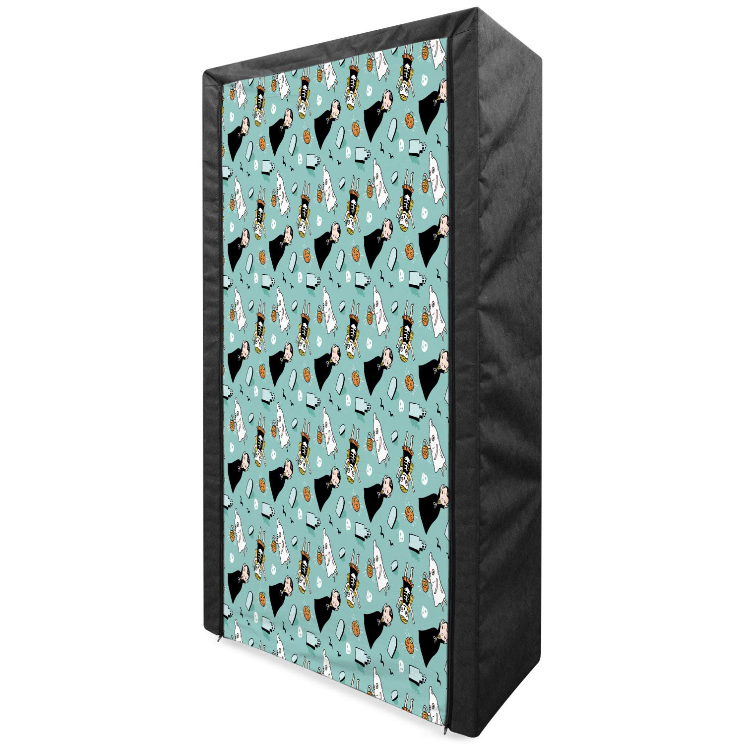 Ambesonne Halloween Portable Fabric Wardrobe - Ghost Skeleton Vampire Costume Storage Closet with Shelves, 33.5 Inch Pale Teal Multicolor - Perfect for Trick or Treat Costume Organization & Seasonal Clothing Storage