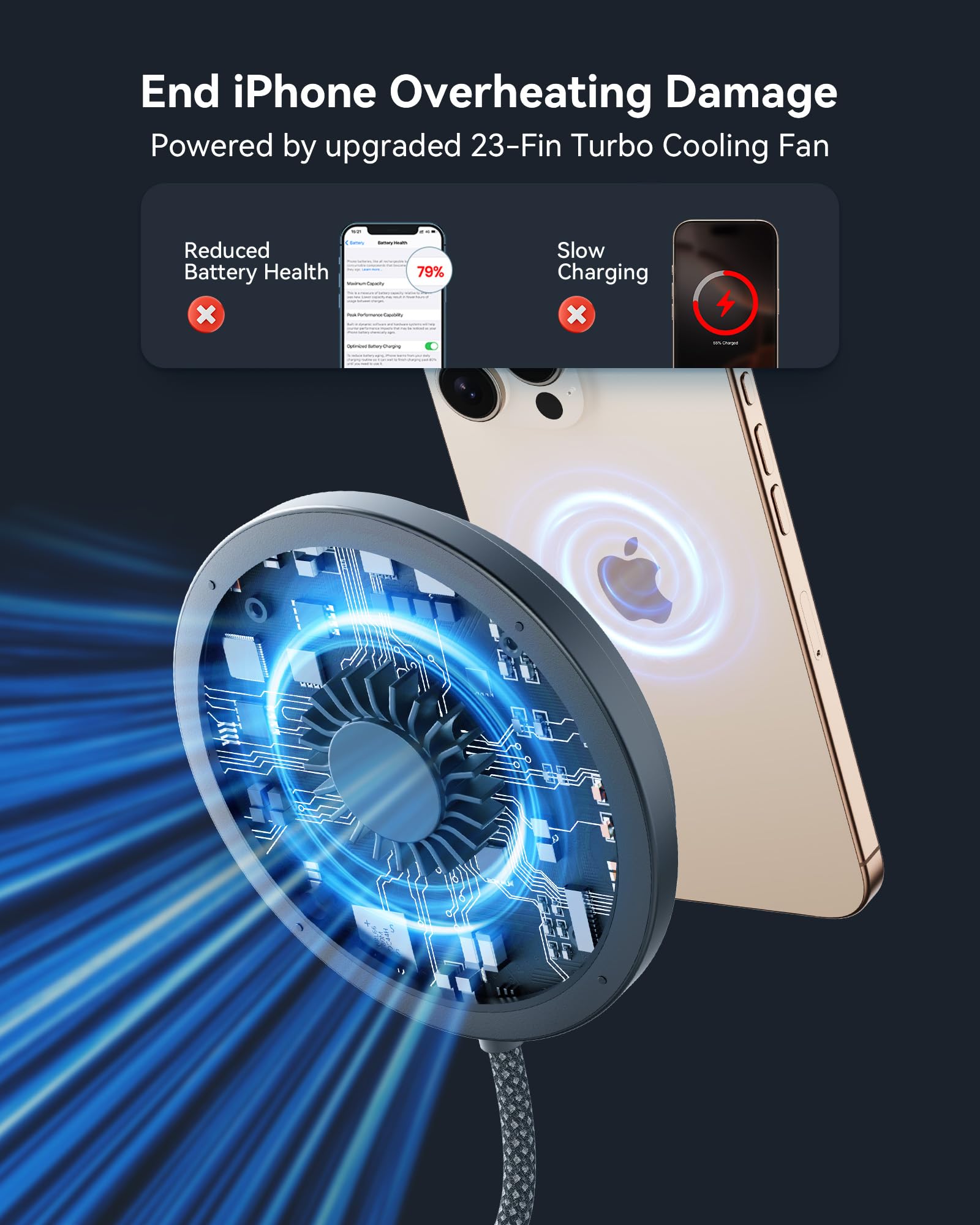 INIU Magnetic Wireless Charger Stand - Qi2 Certified 15W Fast Charging Station with Cooling Fan for iPhone 16/15/14/13/12 & AirPods Pro/4/3 (Includes Adapter) | Perfect for Bedside, Office & Travel Charging