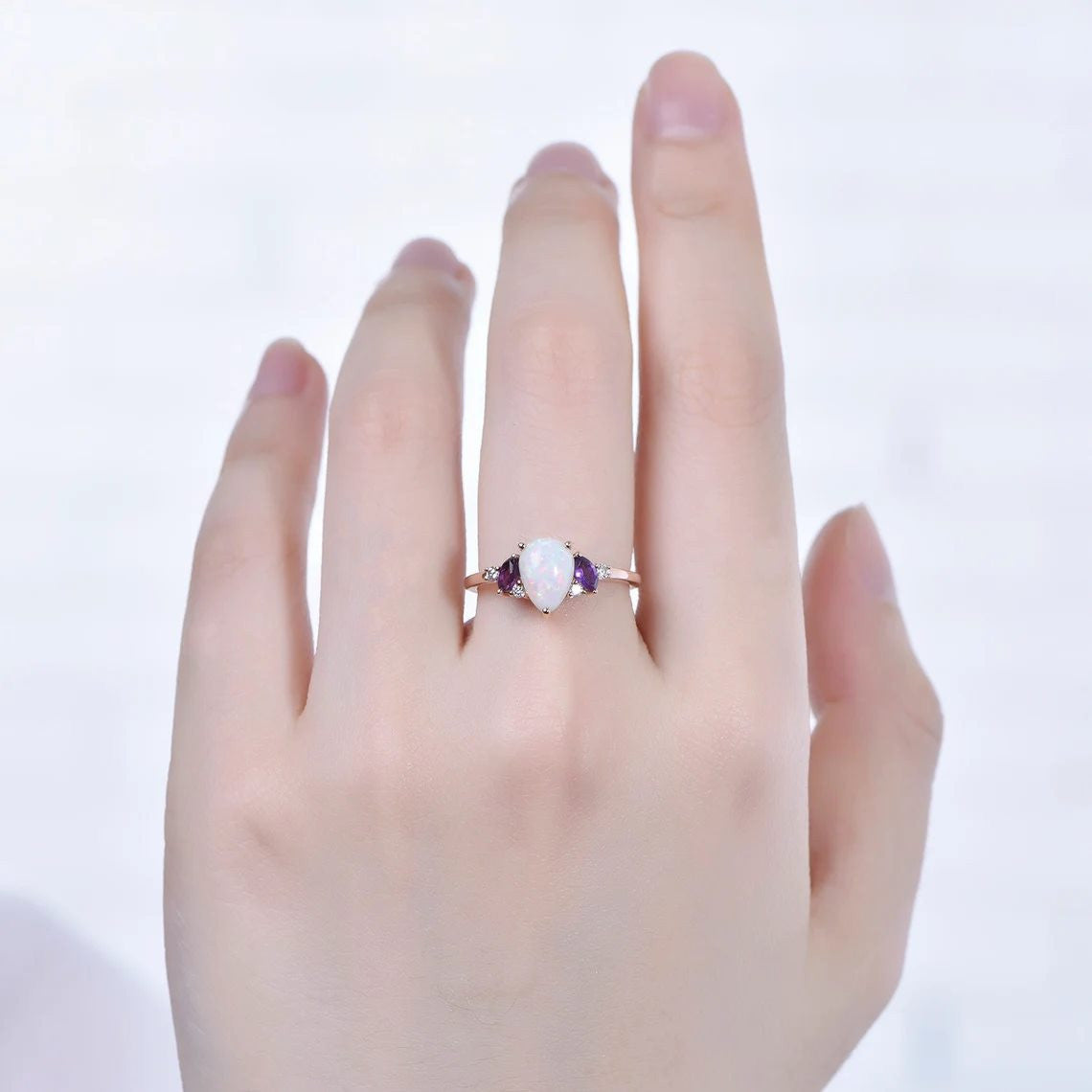 0.75ct Pear Shaped Natural Australian Opal Engagement Ring with Amethyst & Diamond Accents - Perfect for Proposals, Anniversaries & Special Occasions