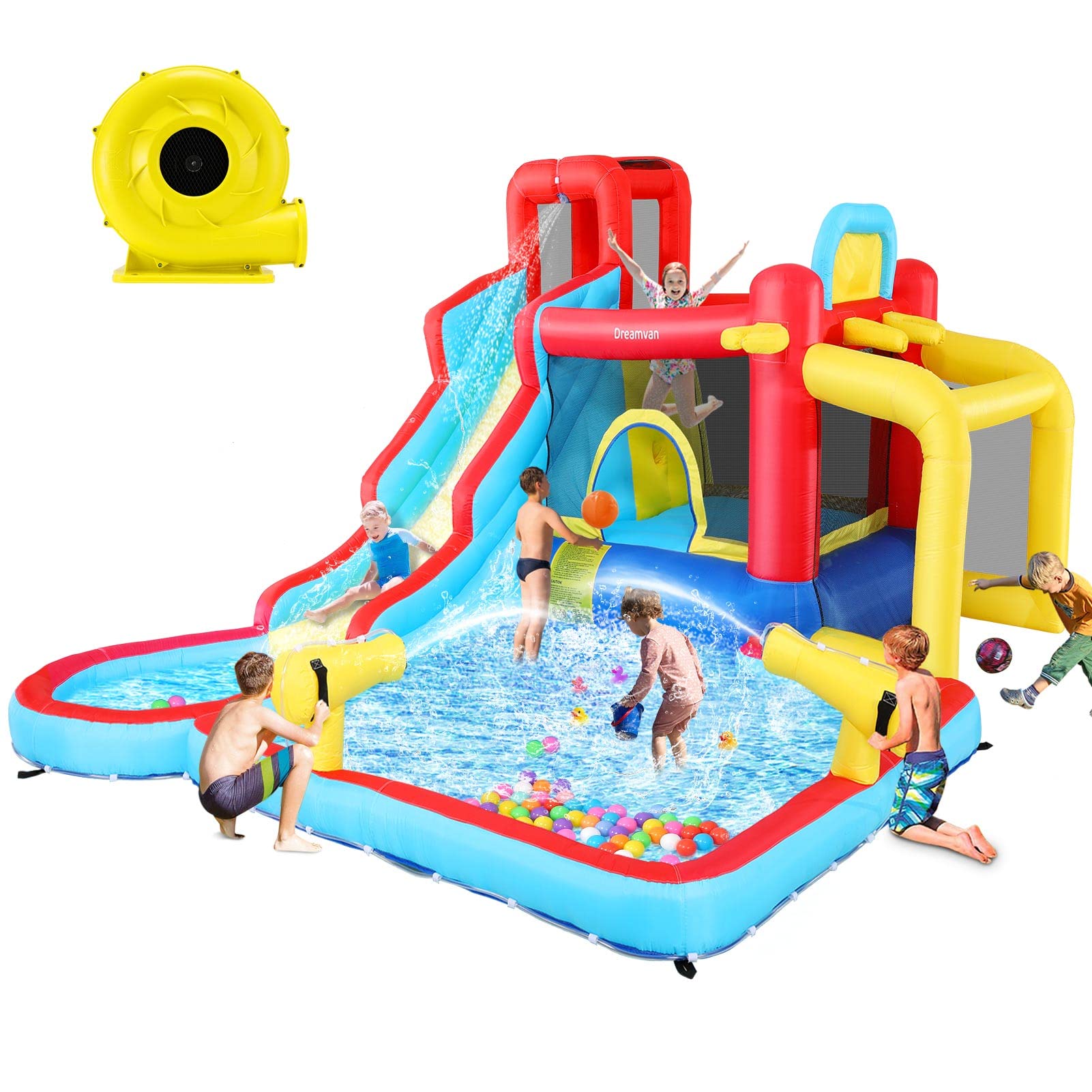 **AKEYDIY 10-in-1 Inflatable Bounce House with Waterslide for Kids - Outdoor Water Park with Blower, Water Cannons, Basketball Hoop & Soccer Frame - Perfect for Backyard Parties, Summer Fun & Indoor Play**