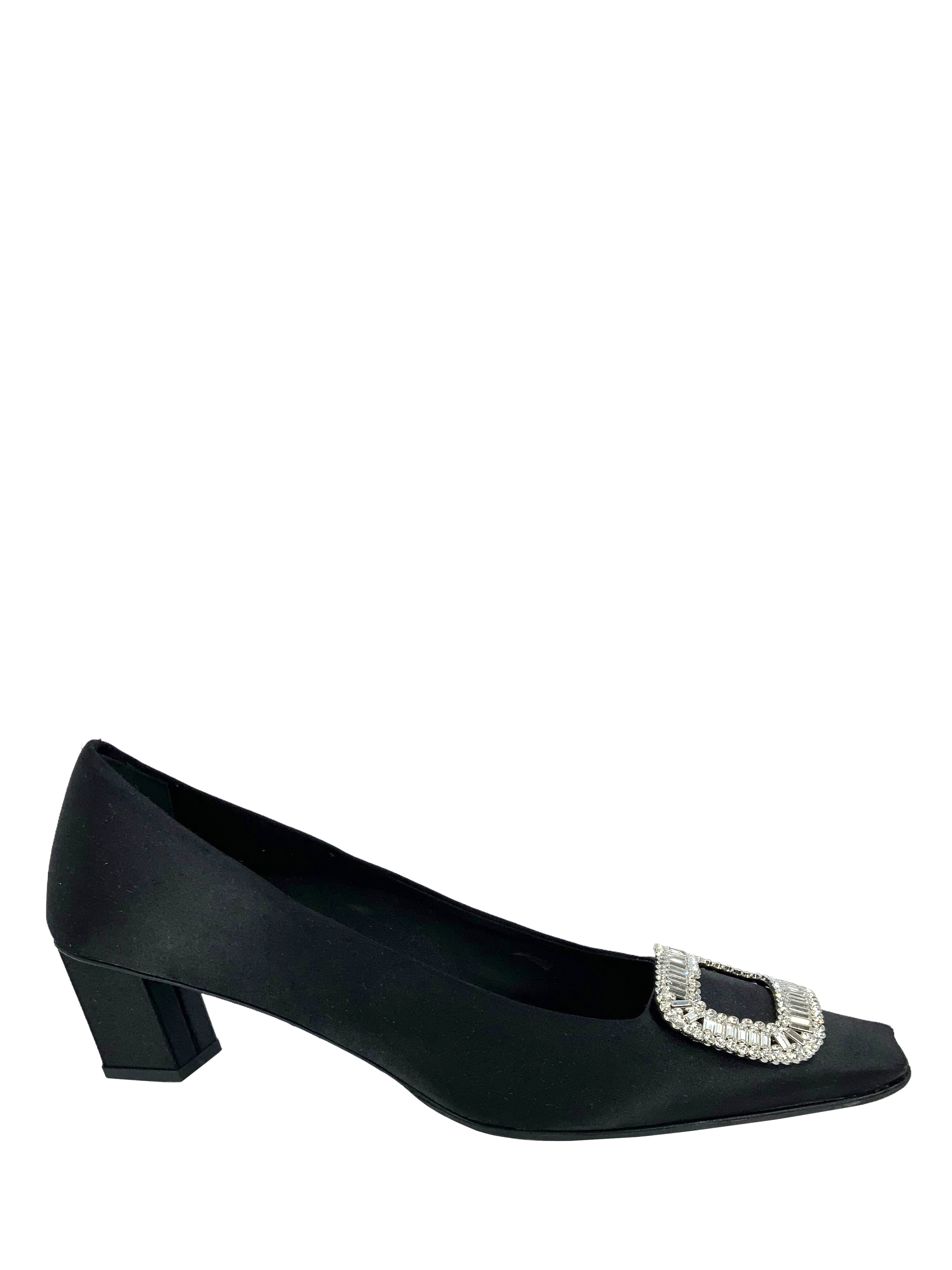 ROGER VIVIER Belle Vivier Crystal Embellished Buckle Satin Pumps - Women's Luxury Dress Shoes Size 10 for Weddings, Parties & Formal Events