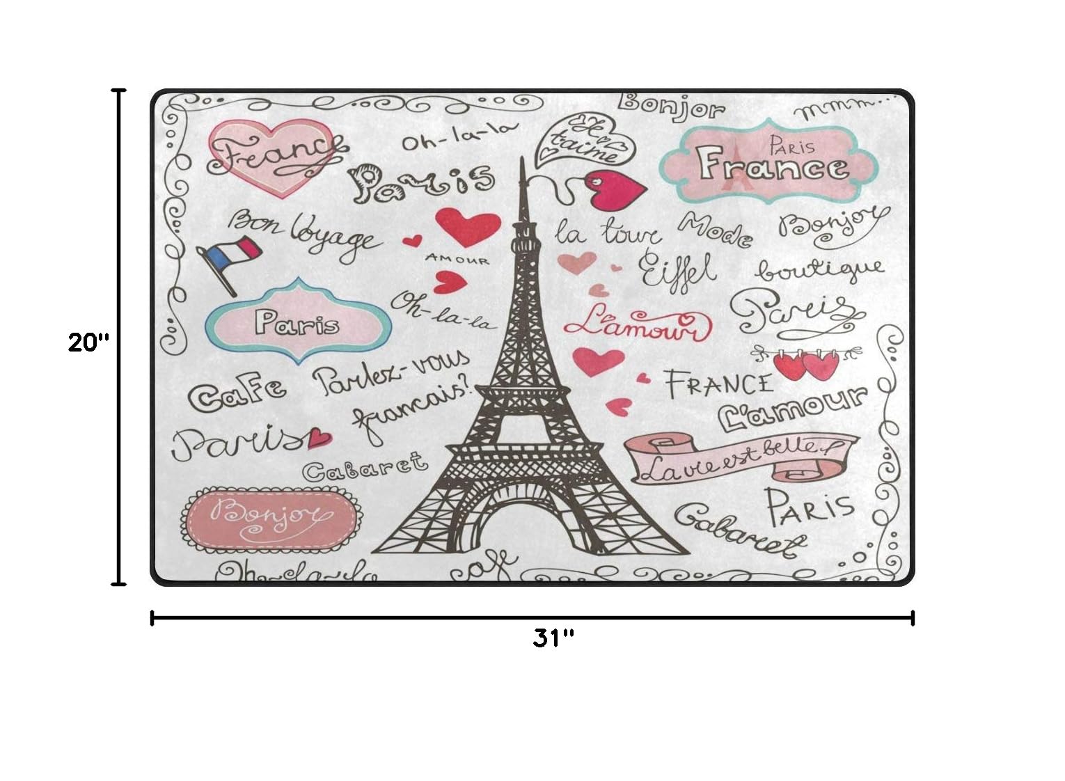 ALAZA Paris Eiffel Tower Heart Area Rug - Non-Slip Floor Mat for Living Room, Dining Room, Bedroom & Dorm - 31x20 Inches Home Decor - Perfect for Entryway, Office & Gift Giving