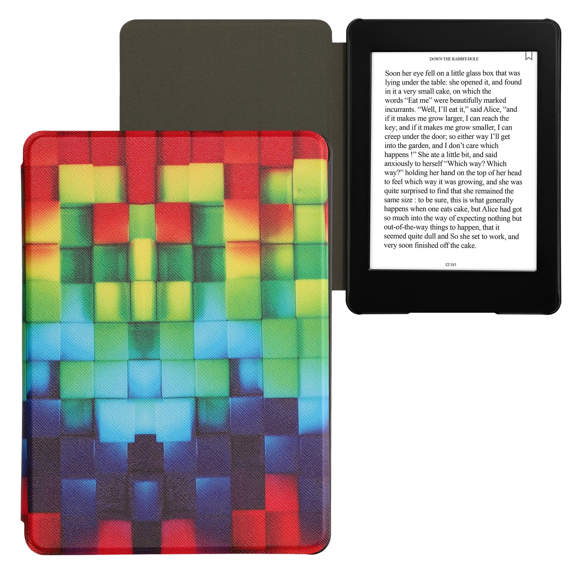 kwmobile PU Leather Case for Amazon Kindle Paperwhite 11th Generation (2021 Release) - Magnetic Cover with Rainbow Cubes Design in Multicolor/Green/Blue - Perfect for Reading, Travel & Daily Protection