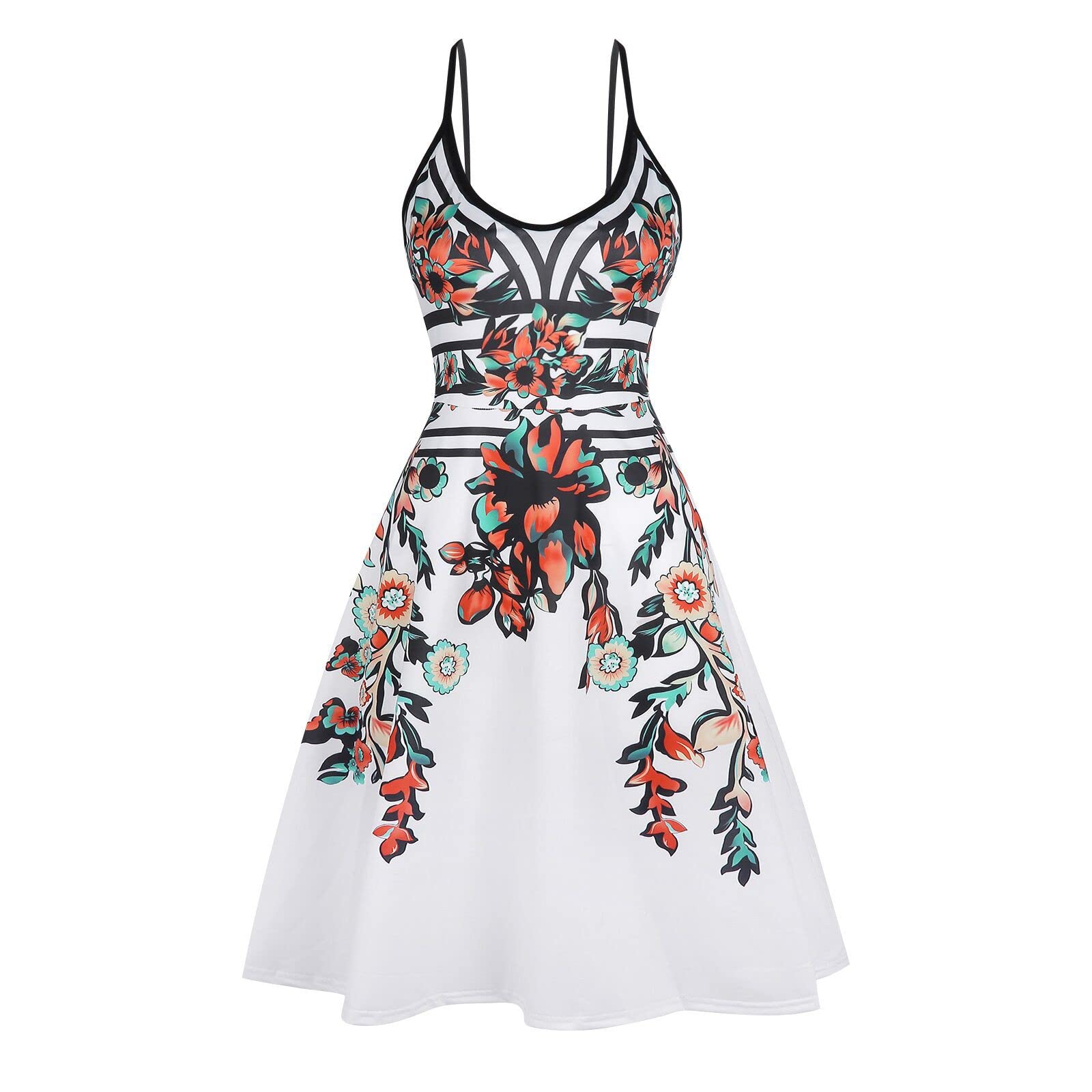 Elegant Retro Women's Sleeveless Sling Dress - Cute Print Knee-Length Skirt Dress for Casual Outings & Summer Parties