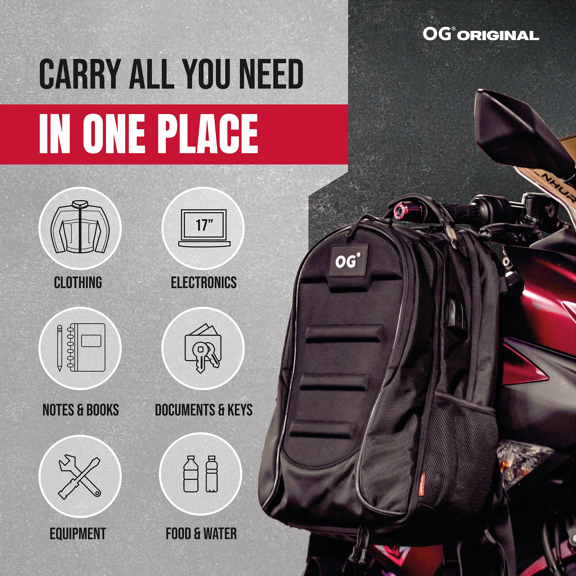 OG Original CityRunner Motorcycle Backpack - Waterproof Expandable 30-35L Motorbike Helmet Bag with Helmet Strap, Large Capacity Laptop Rucksack, Reflective & USB Charging Port - Perfect for Commuting, Adventure Riding & Daily Use