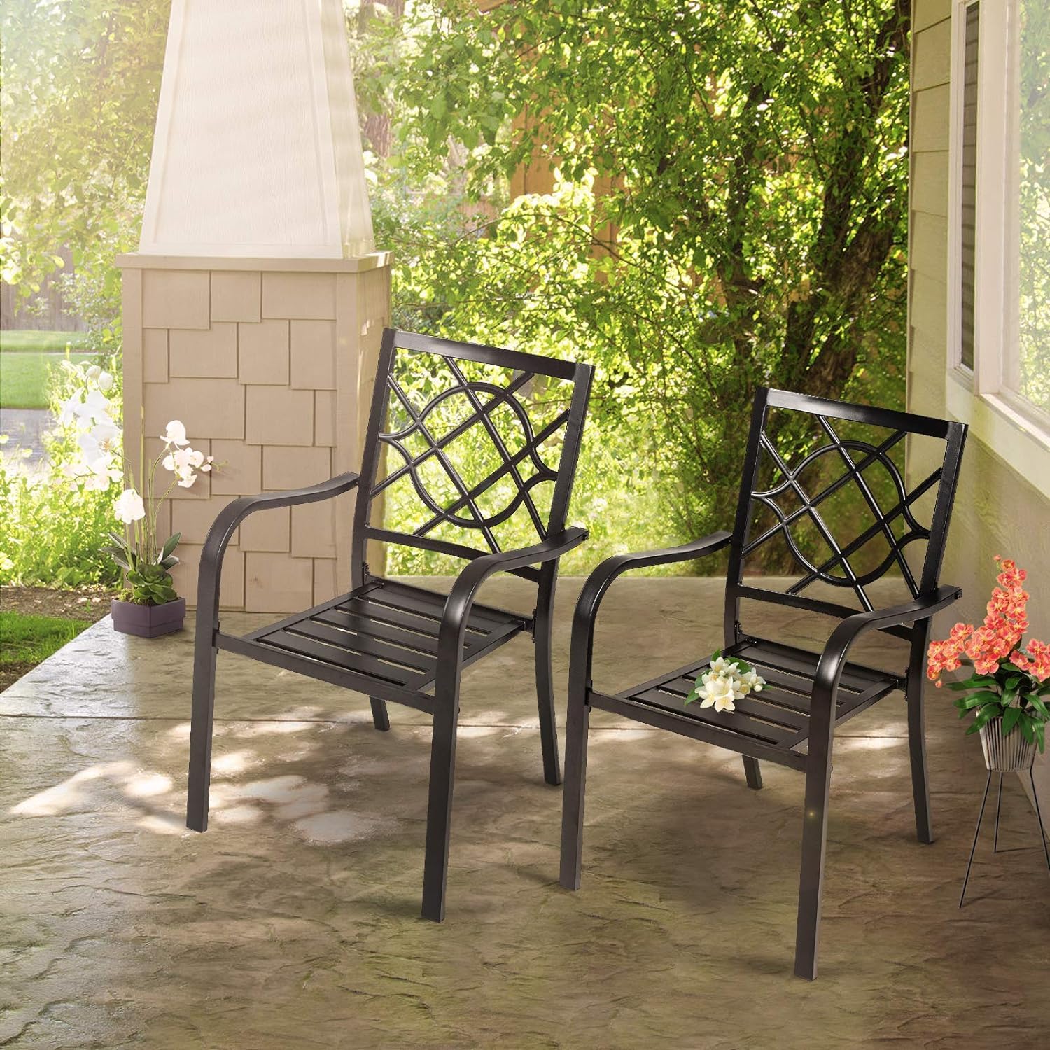 Wrought Iron Patio Outdoor Dining Chairs Set of 2 - Portable Black Stackable Metal Bistro Chairs for Garden, Backyard, Lawn - Indoor & Outdoor Use - Supports 300 lbs - Perfect for Dining, Lounging, and Entertaining
