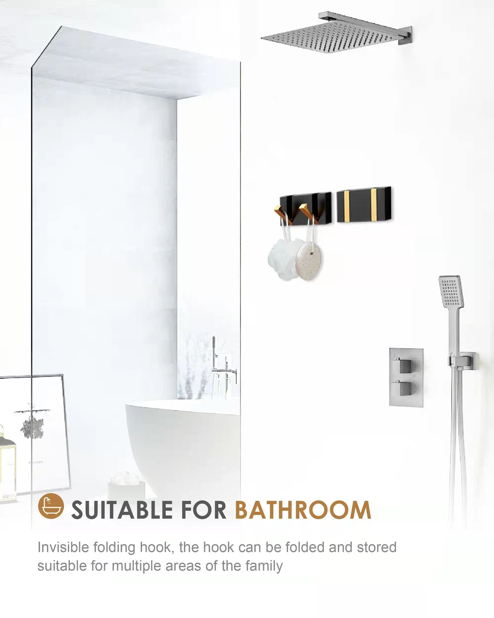 2 Pack Waterproof Black Gold Retractable Wall Hooks - Space Saving Bathroom Towel Hooks & Coat Hooks for Door, Kitchen, Balcony - Matte Finish for Modern Home Decor (Perfect for Small Spaces & Organization)
