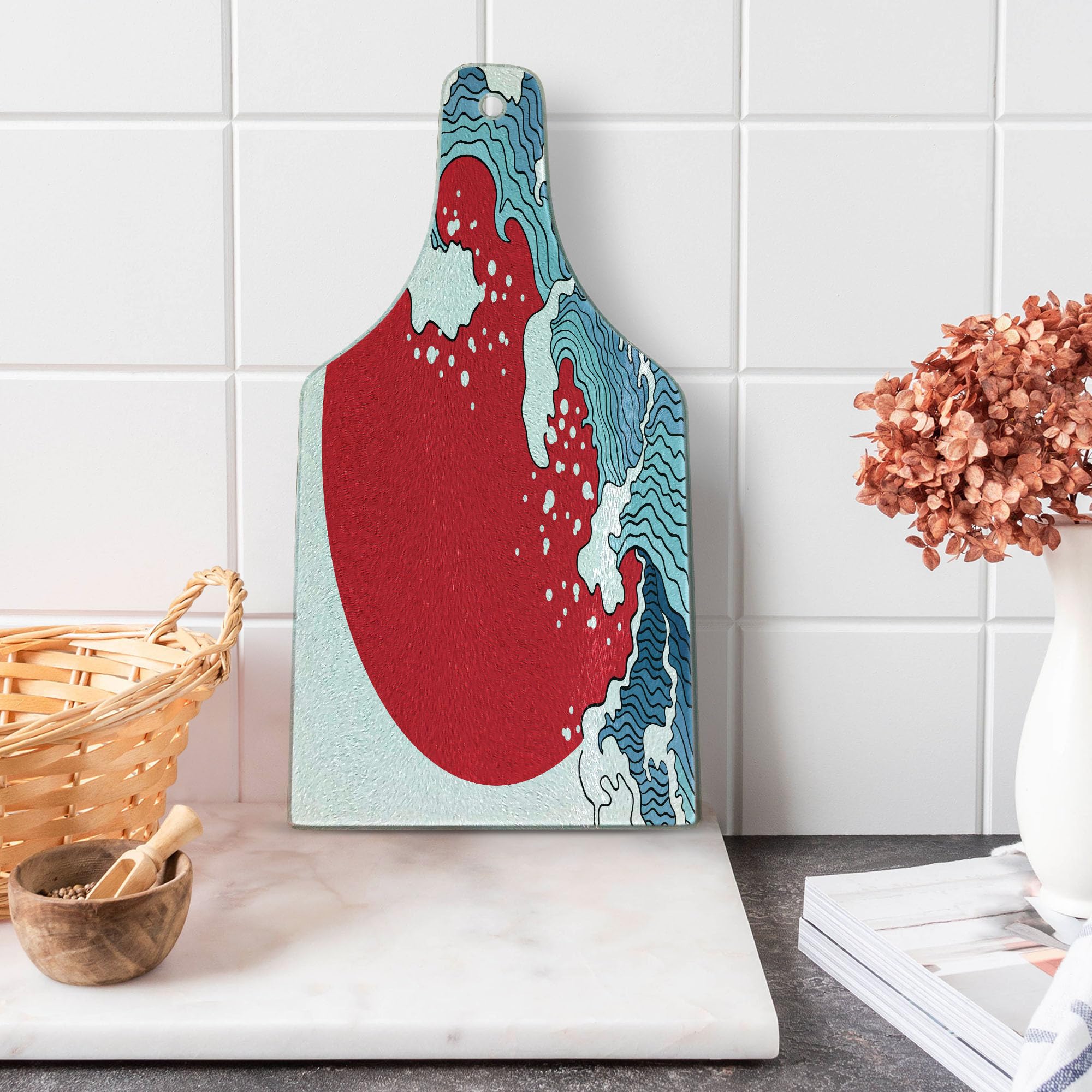 Ambesonne Japanese Wave Tempered Glass Cutting Board - Red Sun Tropical Nautical Design, Wine Bottle Shape Serving Board for Kitchen & Entertaining - Perfect for Sushi Presentation, Charcuterie, and Wine Pairing
