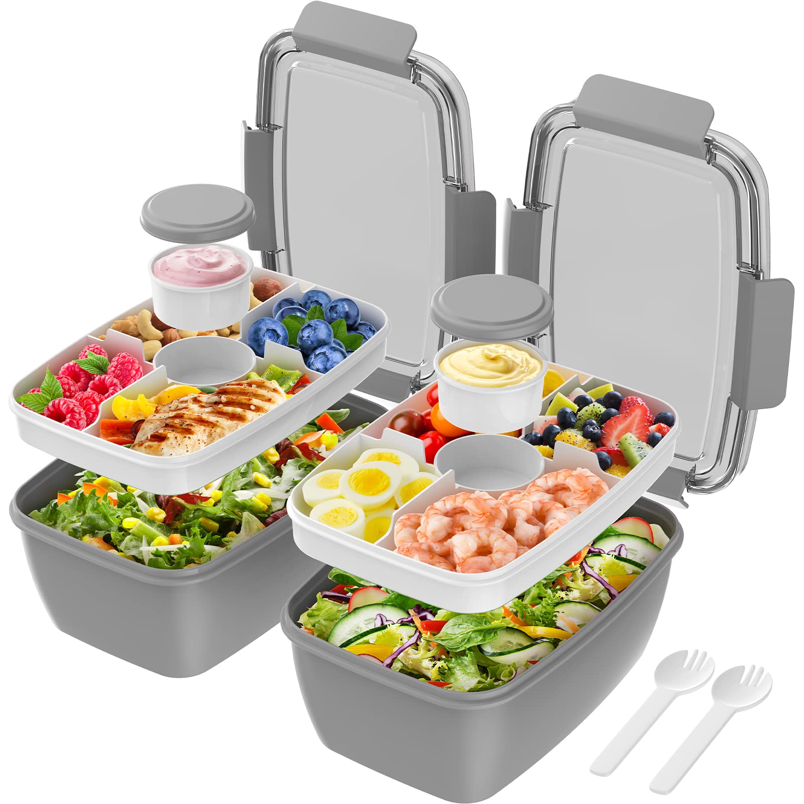 Cherrysea 2-Pack 68oz BPA-Free Leak Proof Salad Lunch Box with 4 Compartments & Sauce Container - Includes Fork for Men & Women | Perfect for Office Lunch, Meal Prep, Picnics & Healthy Eating On-The-Go (Grey)