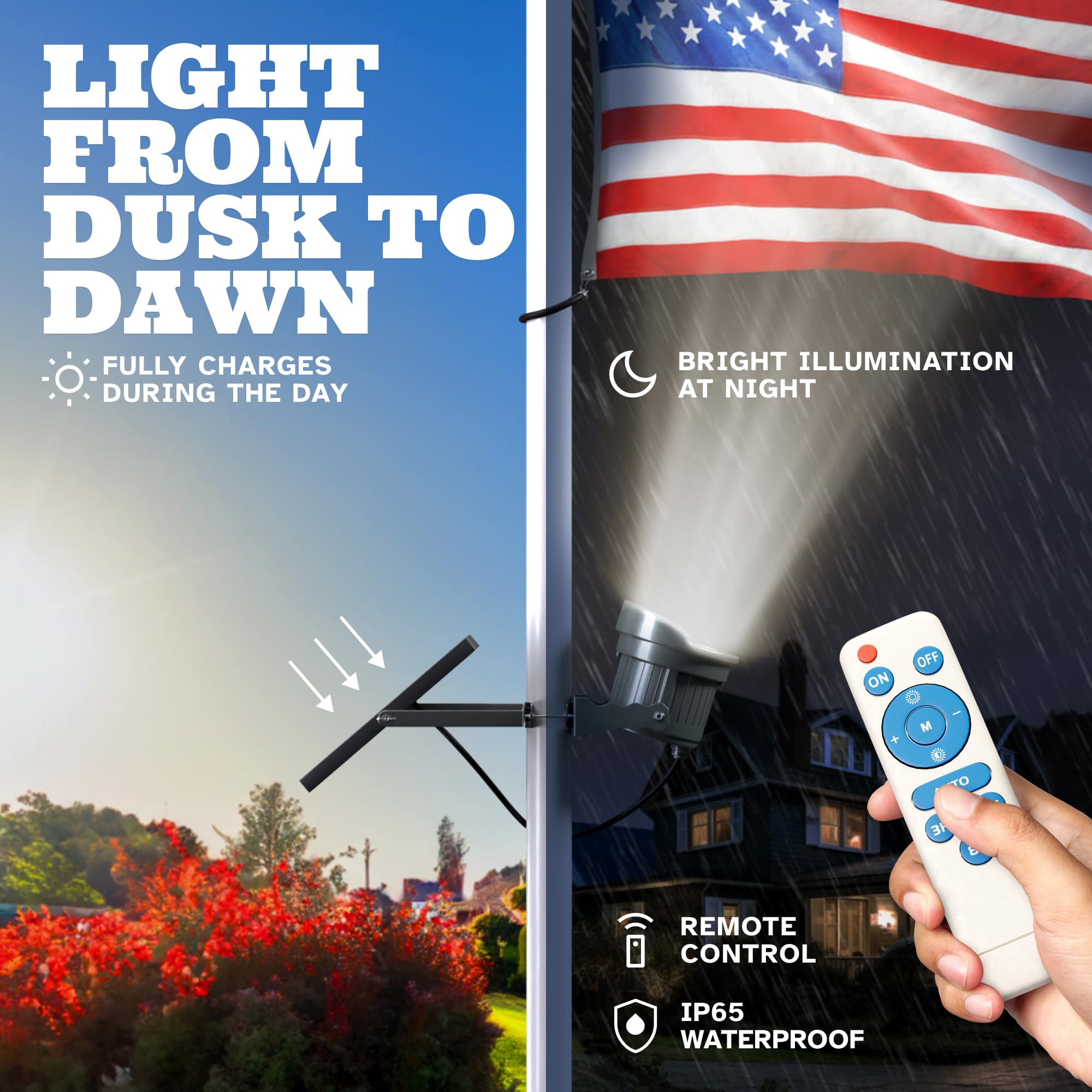 Deneve Solar Flagpole Light - IP65 Waterproof Solar Powered Flag Pole Light with Remote Control - Adjustable Brightness Dusk to Dawn - Perfect for Flag Pole, Garden, Patio, Yard & Outdoor Decor - Solar Spotlight for Flags, Landscaping & Nighttime Illumination
