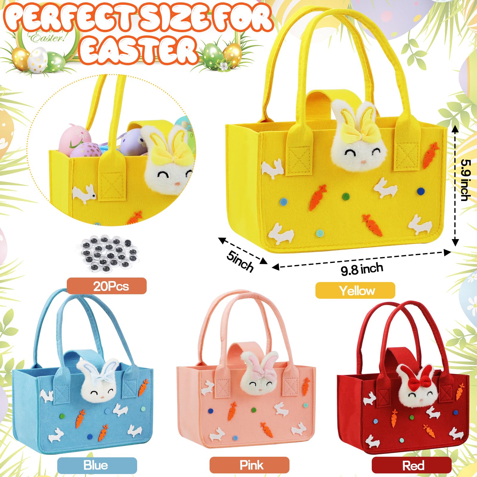 Easter Baskets with Handles - 4 Pack Reusable Felt Bunny Tote Bags for Easter Egg Hunt, Party Favors, Gift Wrapping & Easter Decorations - Perfect for Kids Easter Party, Spring Celebrations & Holiday Gift Giving