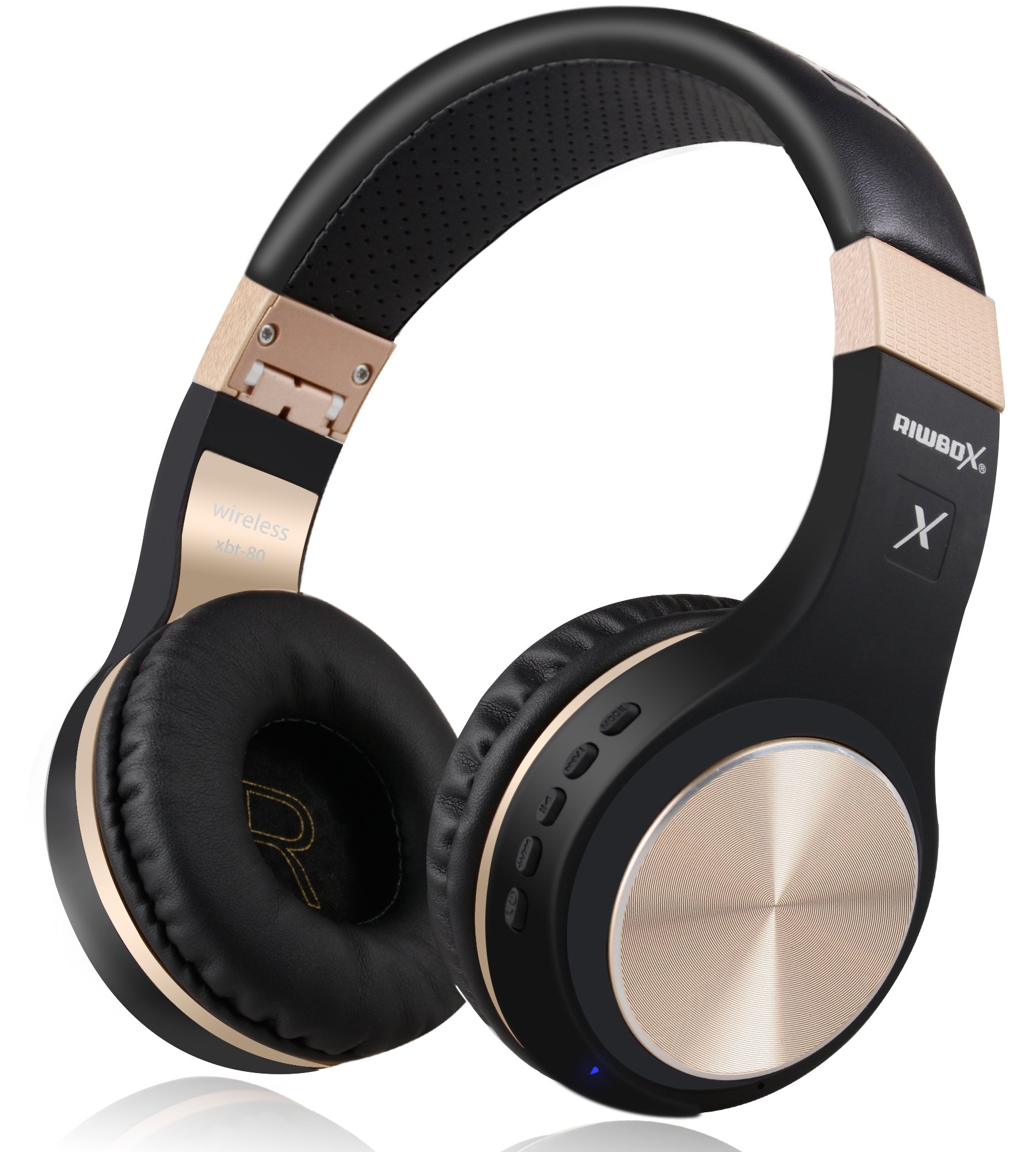 Riwbox XBT-80 Wireless Bluetooth Headphones Over Ear with Microphone, Foldable Stereo Headset with Volume Control for PC/Phone/TV/iPad - Black Gold - Perfect for Gaming, Travel & Home Entertainment