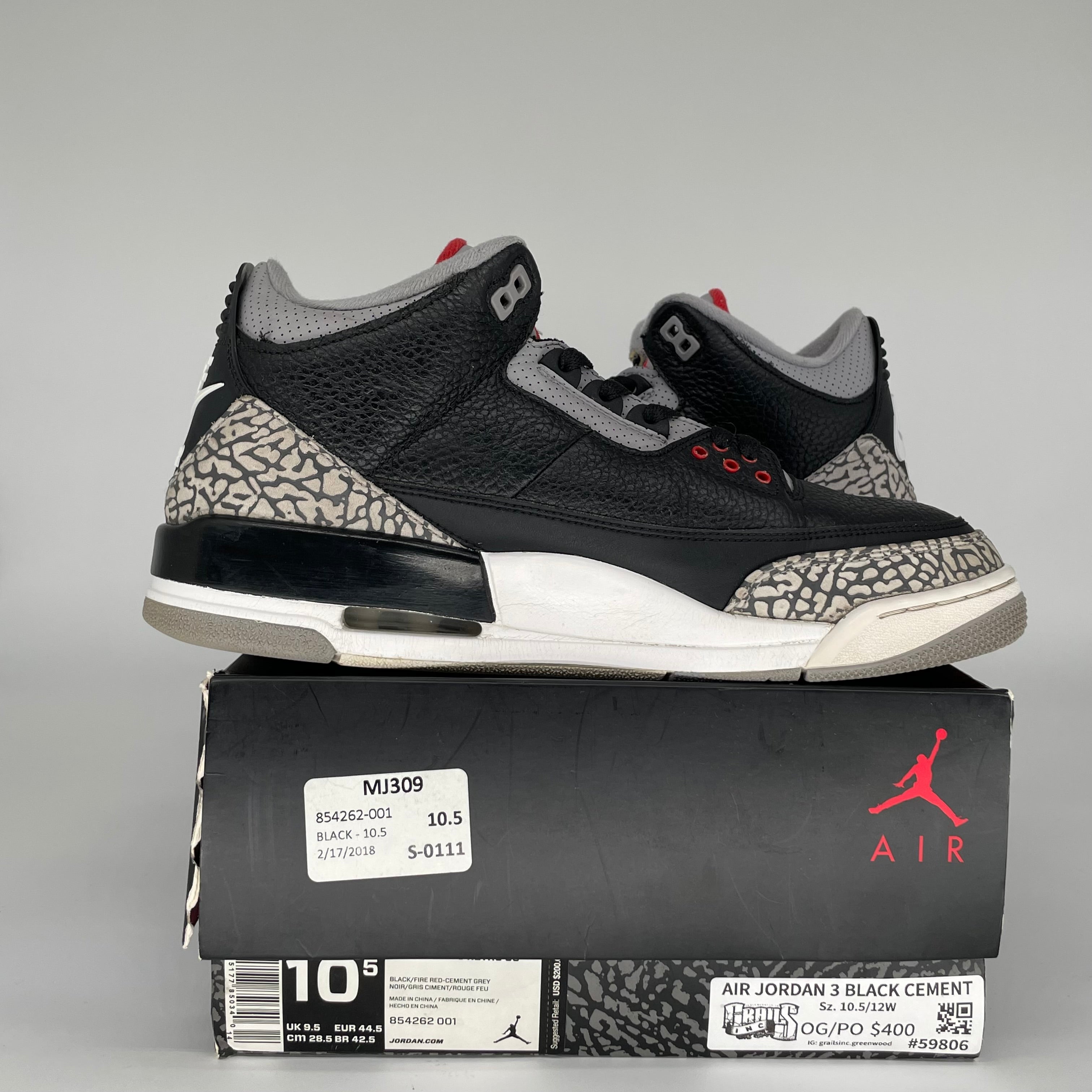 AIR JORDAN 3 Retro Black Cement Men's Basketball Shoes Size 10.5 (854262-001) - Authentic Sneakers for Streetwear & Basketball Games