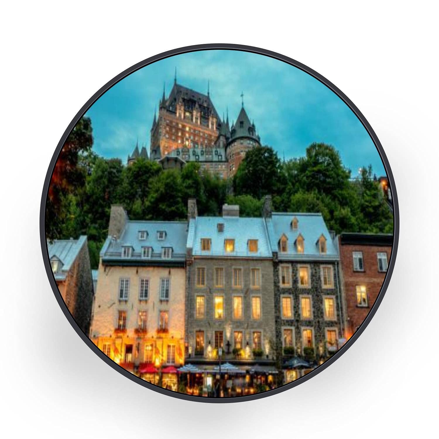 ERFEVBFEH Round Canvas Wall Art - Chateau Frontenac Hotel in Quebec City, Canada Painting | Black Framed Ready to Hang | Perfect for Bedroom & Living Room Decor