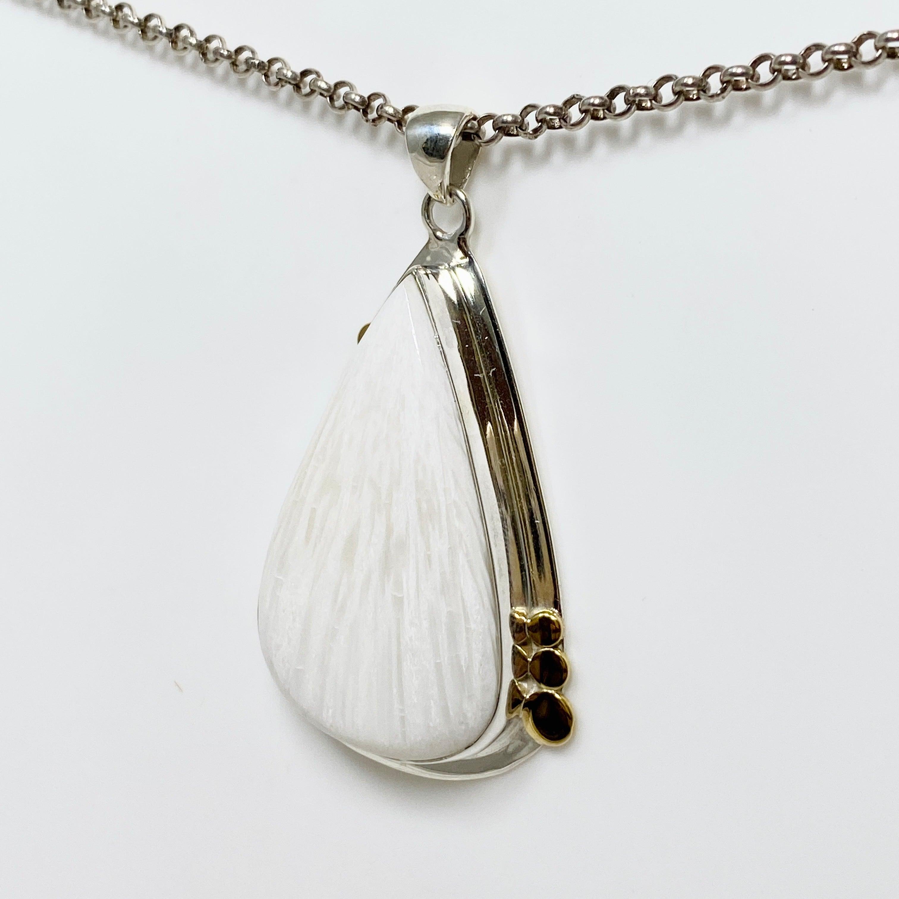 Natural Scolecite Teardrop Pendant Necklace - 925 Sterling Silver Handmade Jewelry for Meditation & Healing | Spiritual Gift for Women | Perfect for Yoga, Reiki & Energy Work