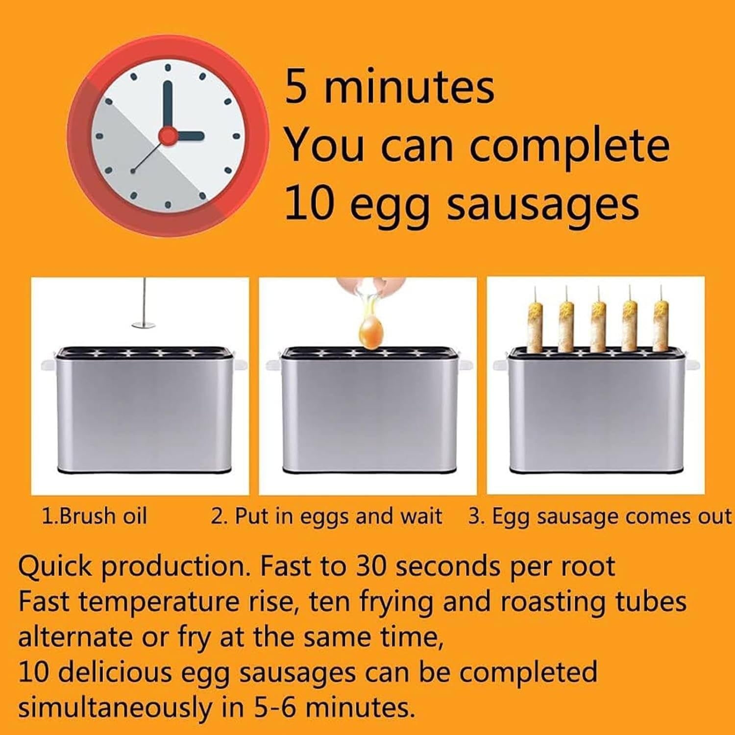 10-Tube Fully Automatic Electric Egg Roll Maker - Omelette, Sausage & Hot Dog Roll Maker - Perfect for Breakfast, Brunch & Quick Snacks - Egg Burger Pan for Home & Commercial Use