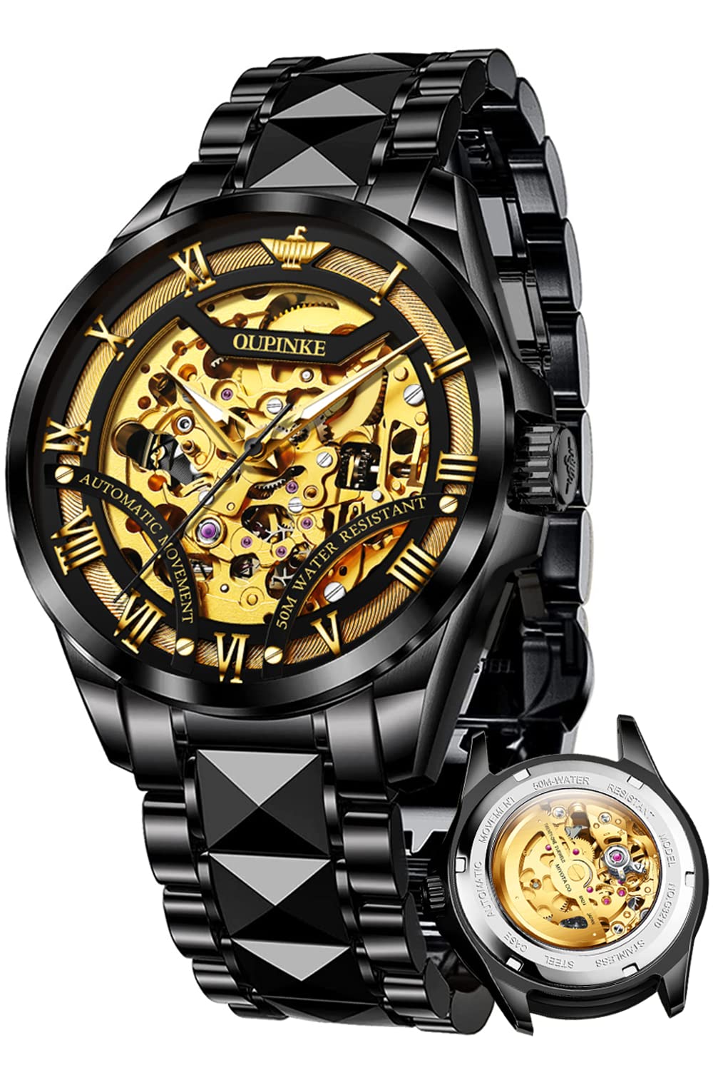 OUPINKE Men's Automatic Skeleton Watch - Self-Winding Mechanical Movement, Sapphire Crystal, Luminous Hands, 5ATM Waterproof - Luxury Business Dress Watch for Men | Perfect for Office, Formal Events & Everyday Wear