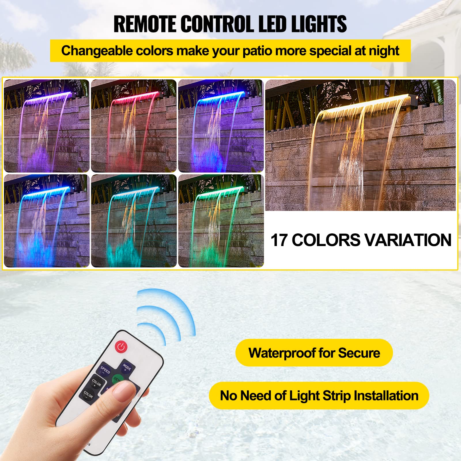 Vevor 35x3.2x8.1 Inch Acrylic Pool Waterfall Fountain with 17 Color LED Lights & Remote Control - Outdoor Waterfall Spillway Kit for Swimming Pools, Garden Ponds, and Backyard Landscaping