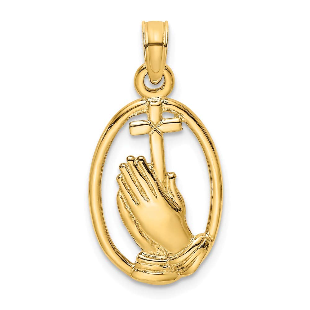 14K Yellow Gold Praying Hands and Cross Oval Pendant - Religious Jewelry for Women, Faith-Based Gift for Baptism, Confirmation & Daily Devotion
