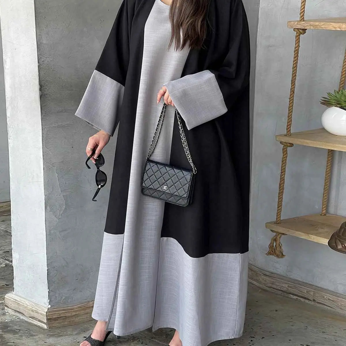 2-Piece Open Abaya Dress Set with Inner Sleeveless Dress - Modest Muslim Fashion for Prayer, Eid & Special Occasions