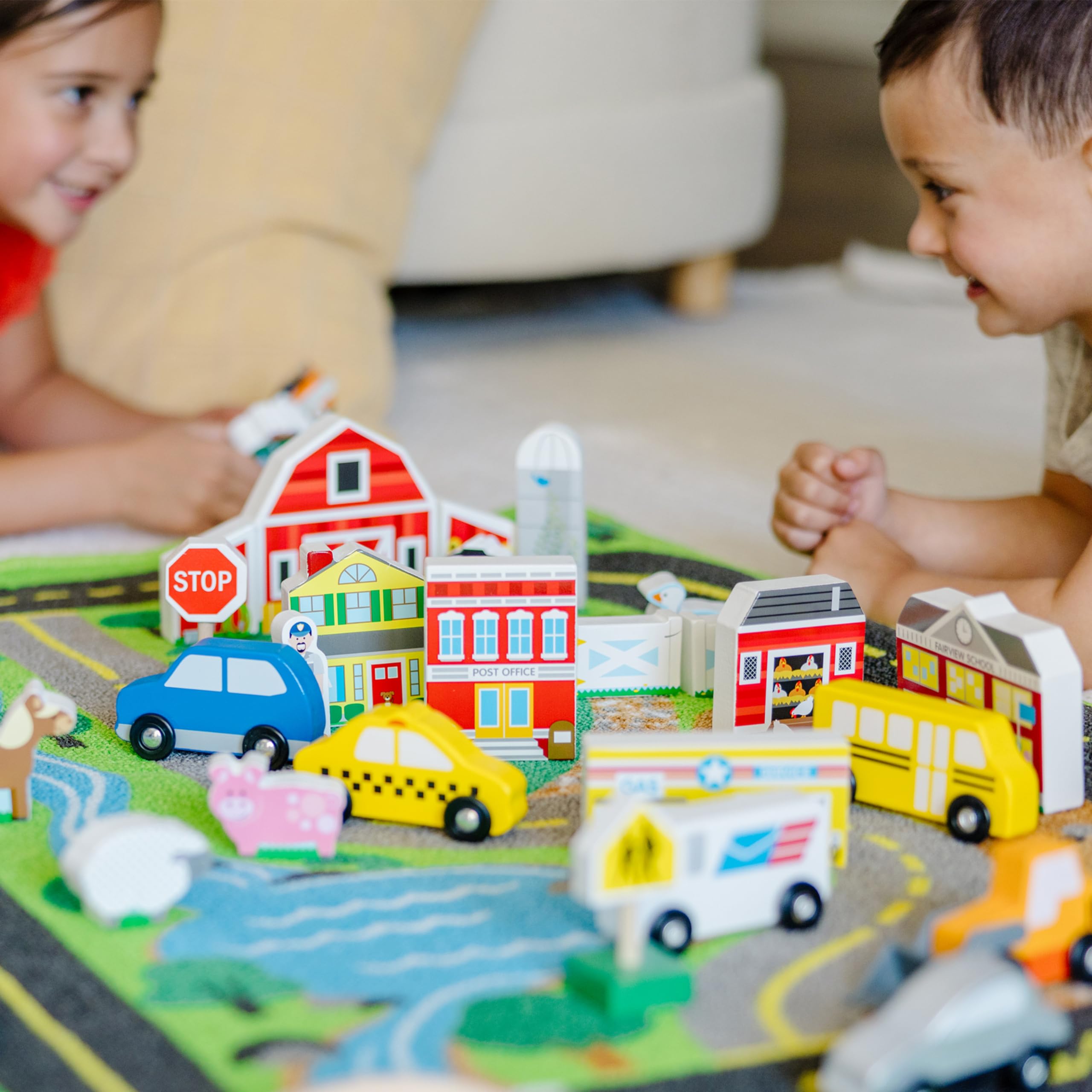 Melissa & Doug Deluxe Activity Road Rug Play Set with 49 Wooden Vehicles & Play Pieces – Interactive Toy for Kids, Perfect for Pretend Play, Learning & Indoor Fun