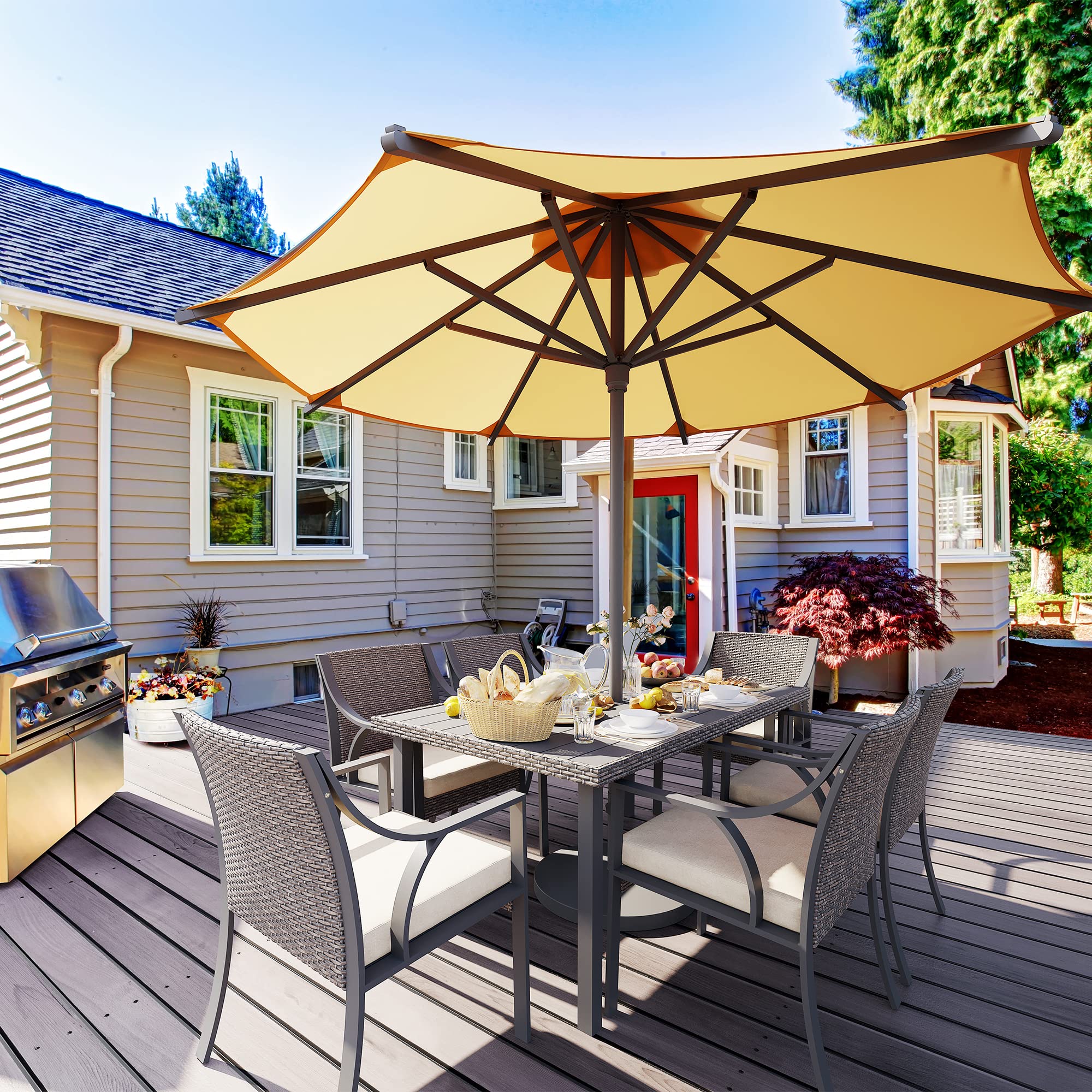 Outdoor Dining Set 4-Piece All-Weather PE Rattan Patio Furniture with Umbrella Hole - BACKYADOOR Beige Wicker Table & Chairs for Garden, Backyard, Poolside & Terrace