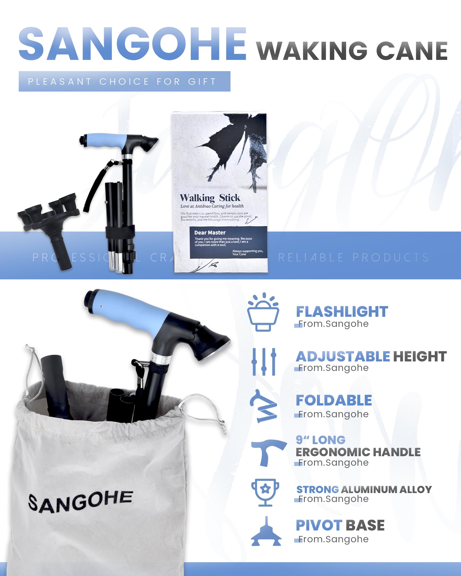 Sangohe Adjustable Walking Cane with Pivot Tip & 4-Leg Base - Lightweight Folding Cane with Safety Light & Travel Bag - Mobility Aid for Seniors & Adults - Ideal for Travel, Hiking & Daily Stability Support - Black (Model 929D)
