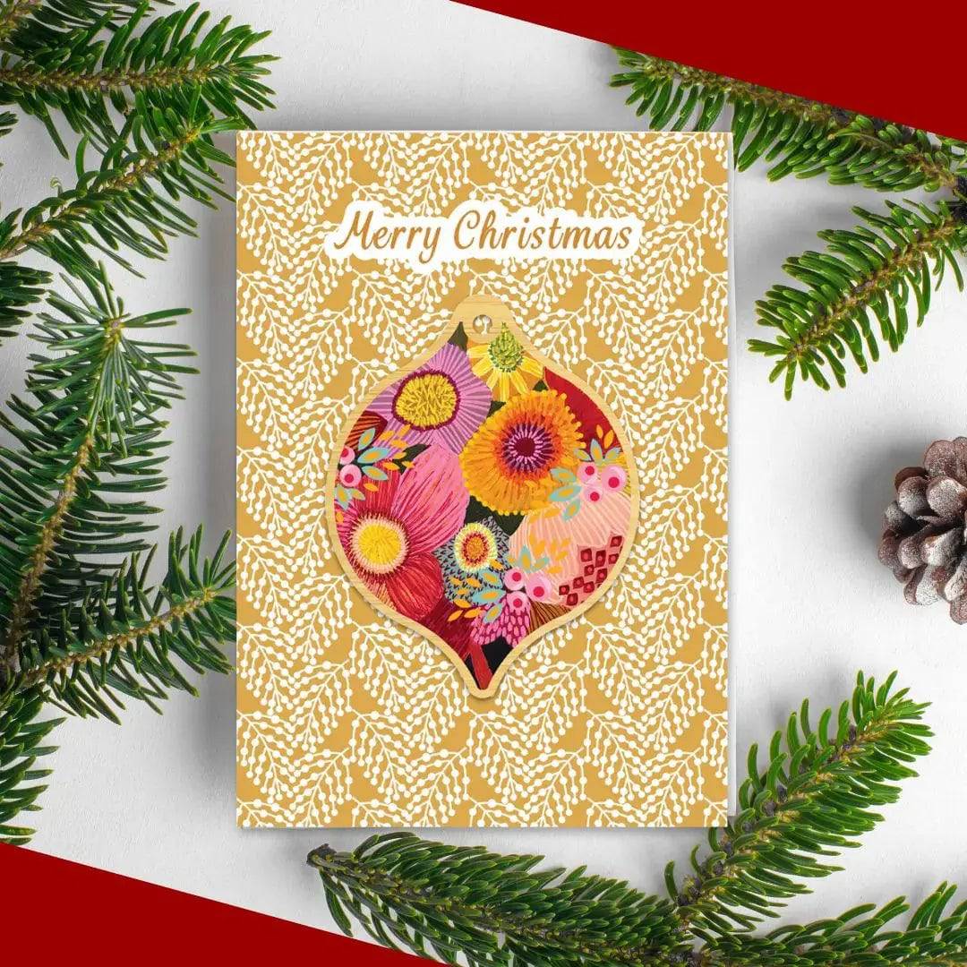 Golden Bunch Australian Christmas Card & Bauble - Festive Holiday Greeting Card with Ornament for Xmas Tree Decorations, Gift Wrapping & Holiday Home Decor